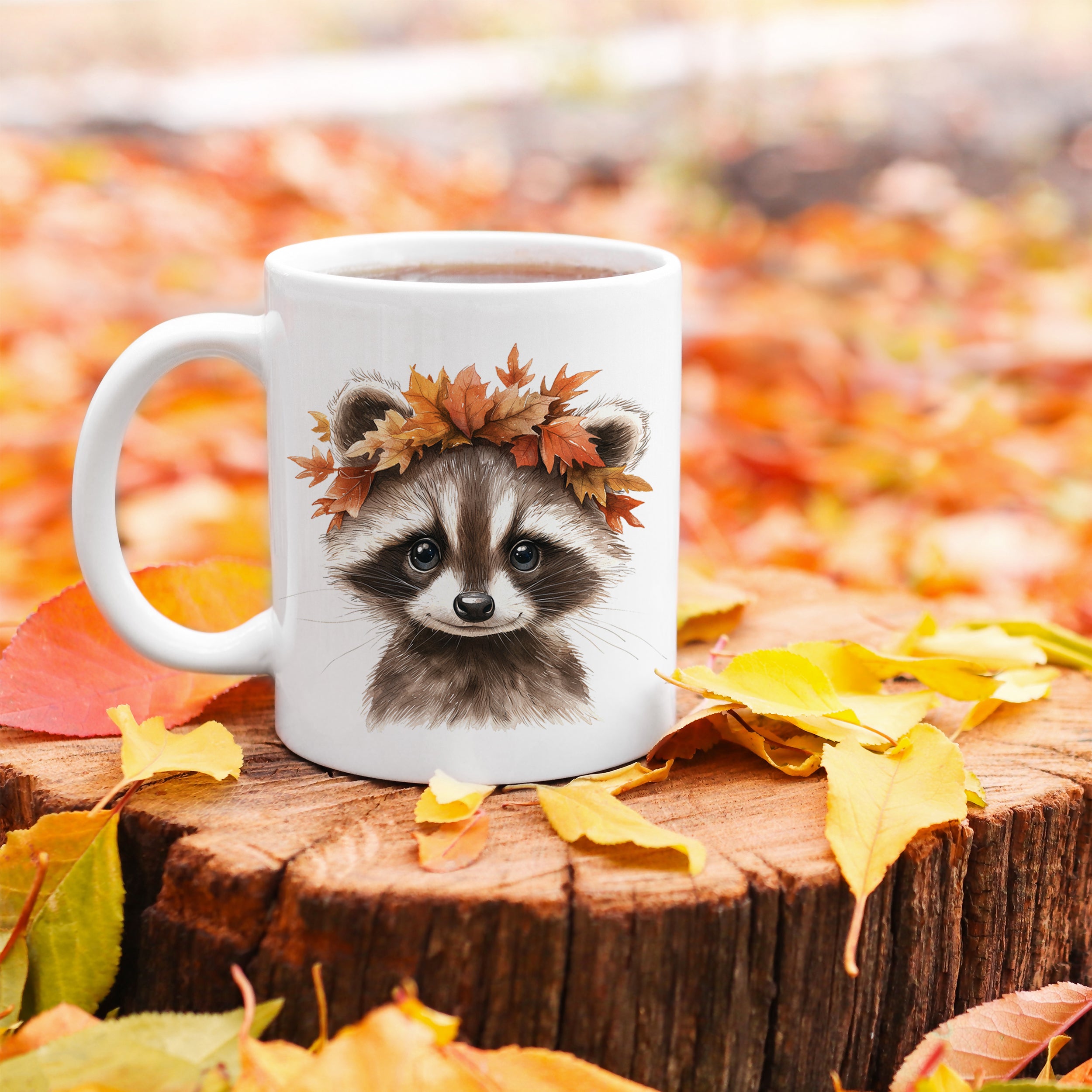 Tasse Waschbär mit Herbstlaub