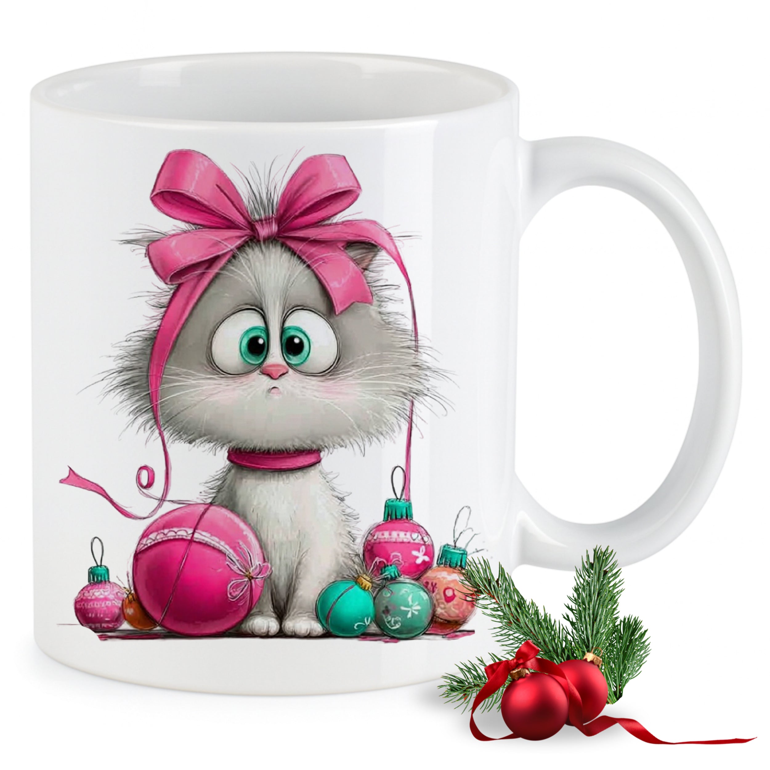 Tasse Kätzchen mit Weihnachtskugeln
