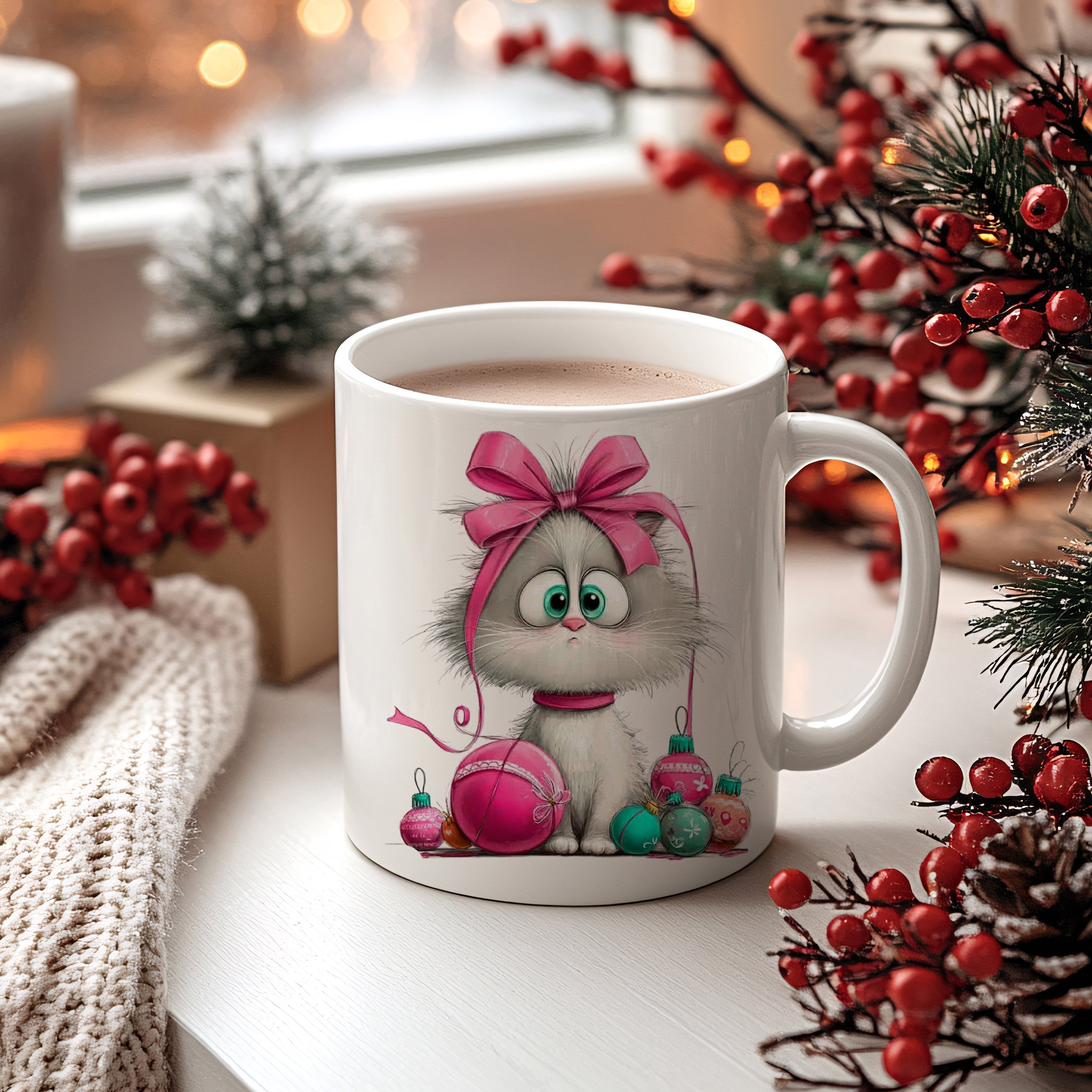 Tasse Kätzchen mit Weihnachtskugeln