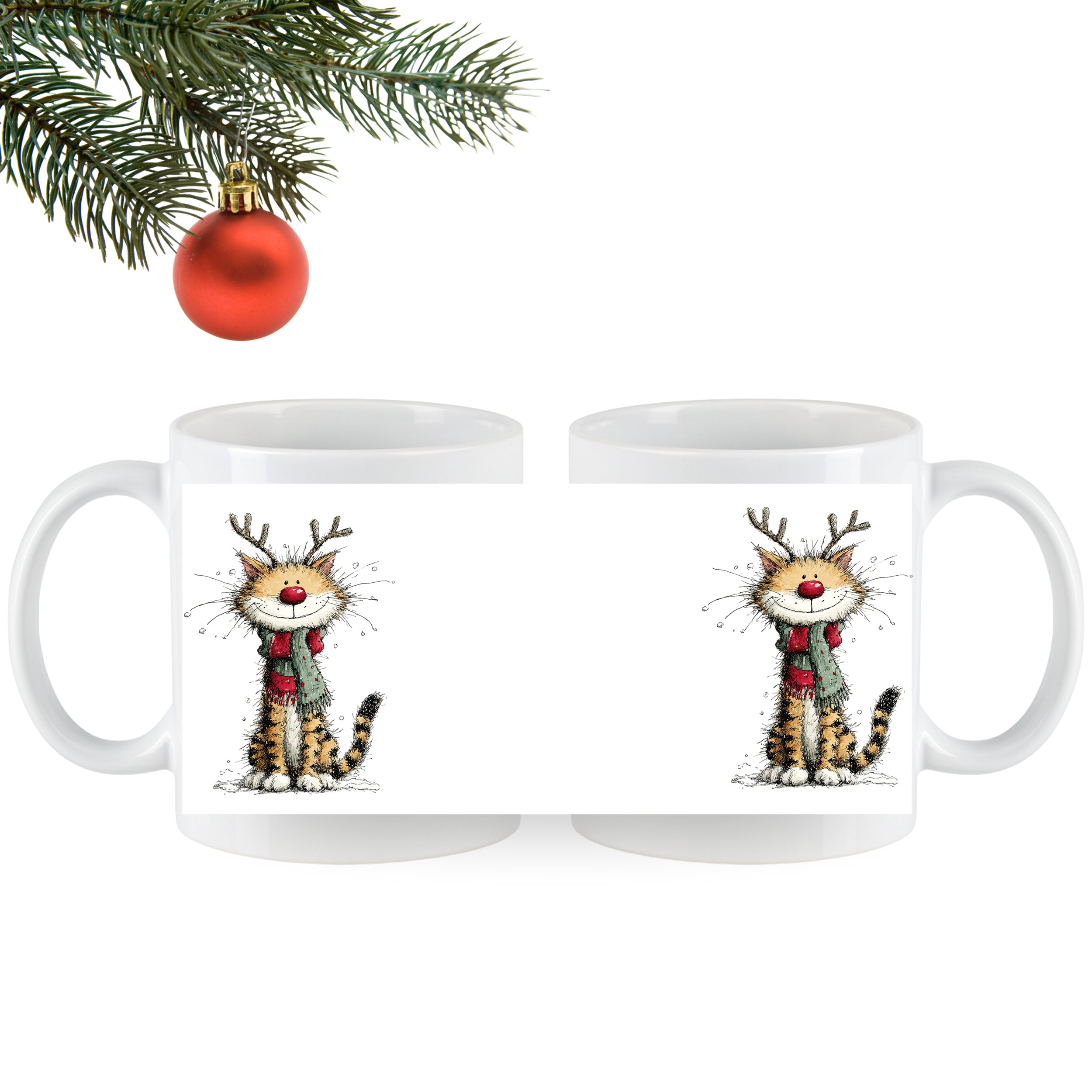 Weißer Becher mit Weihnachtskatze und roten Schal.