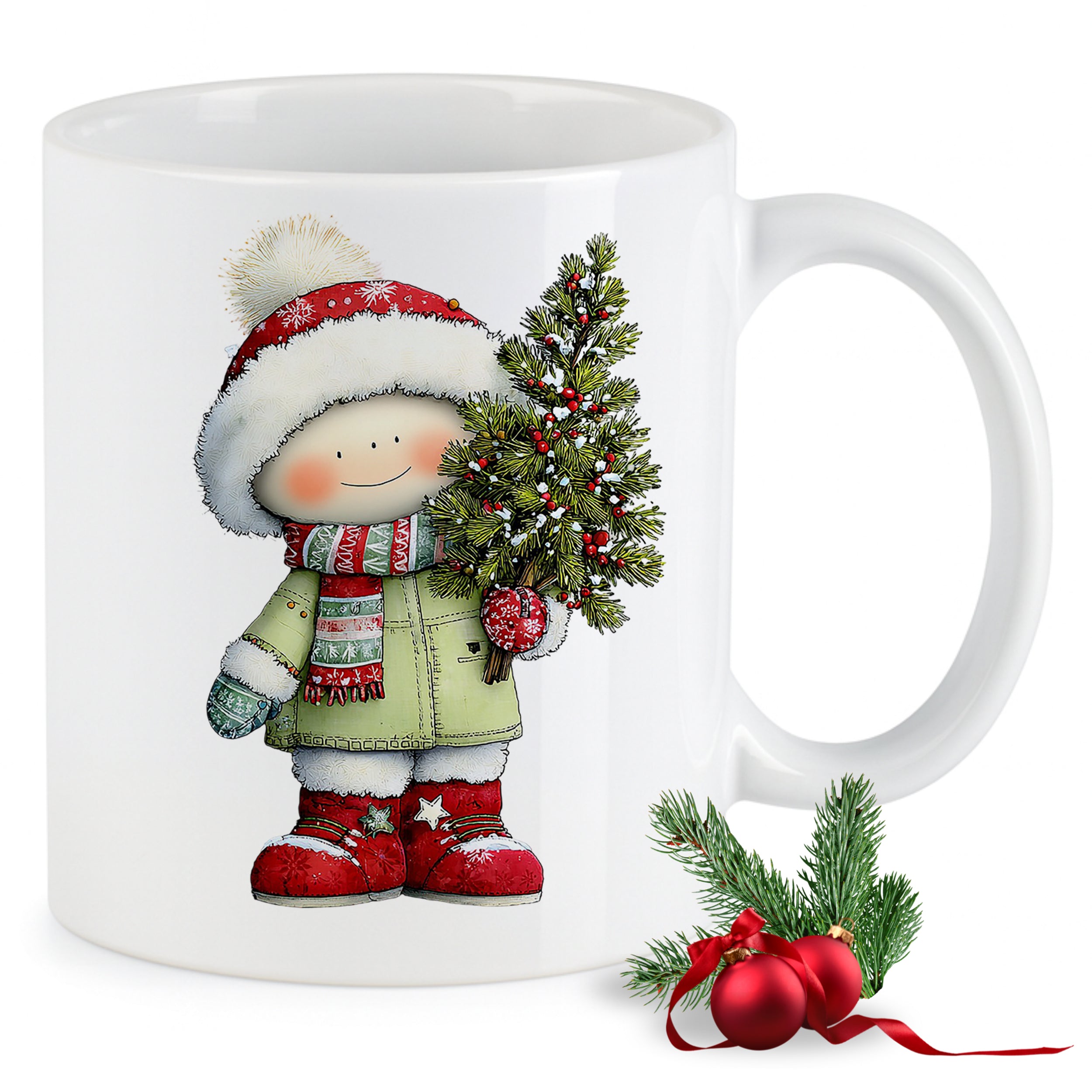 Weihnachtstasse mit fröhlichem Winterkind
