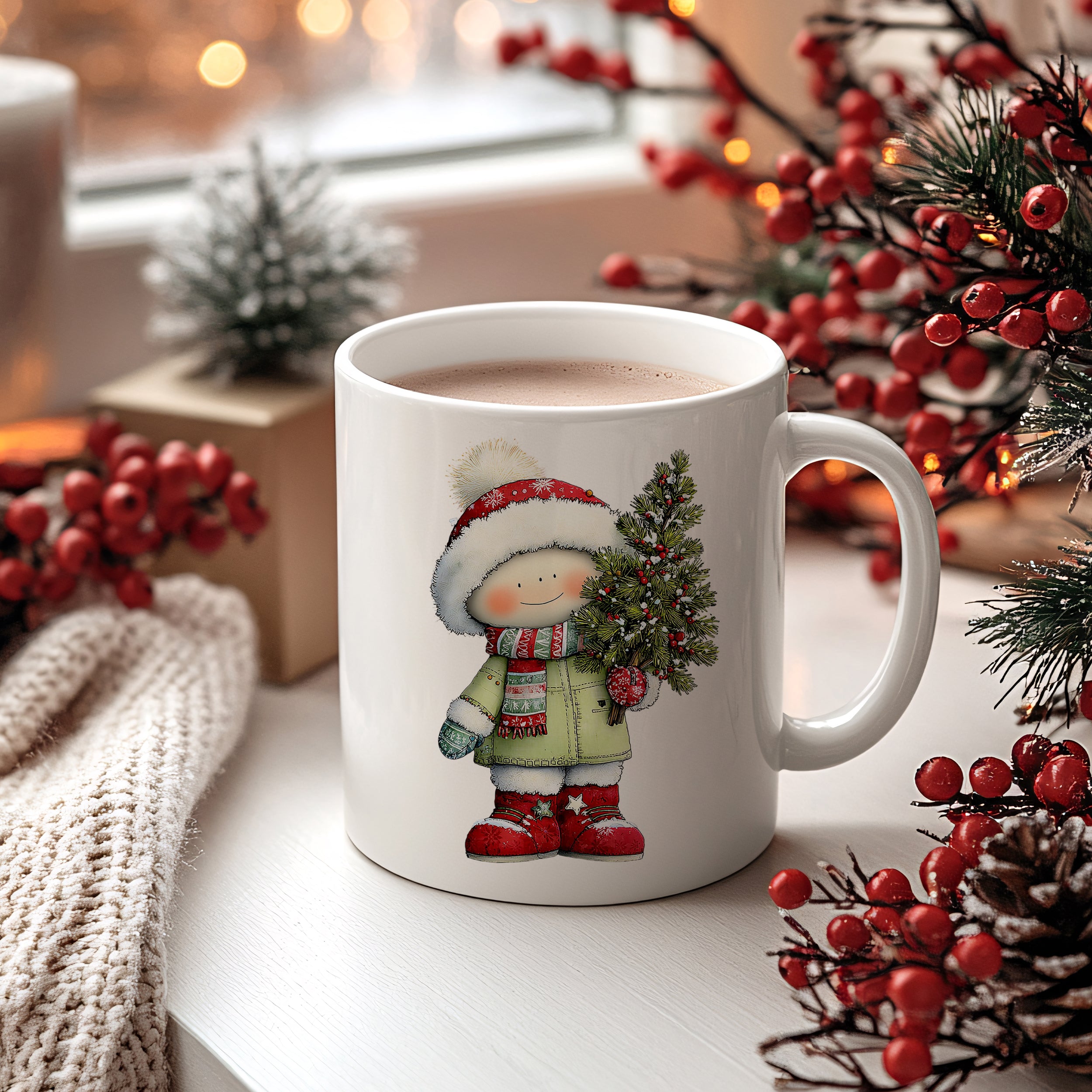 Weihnachtstasse mit fröhlichem Winterkind