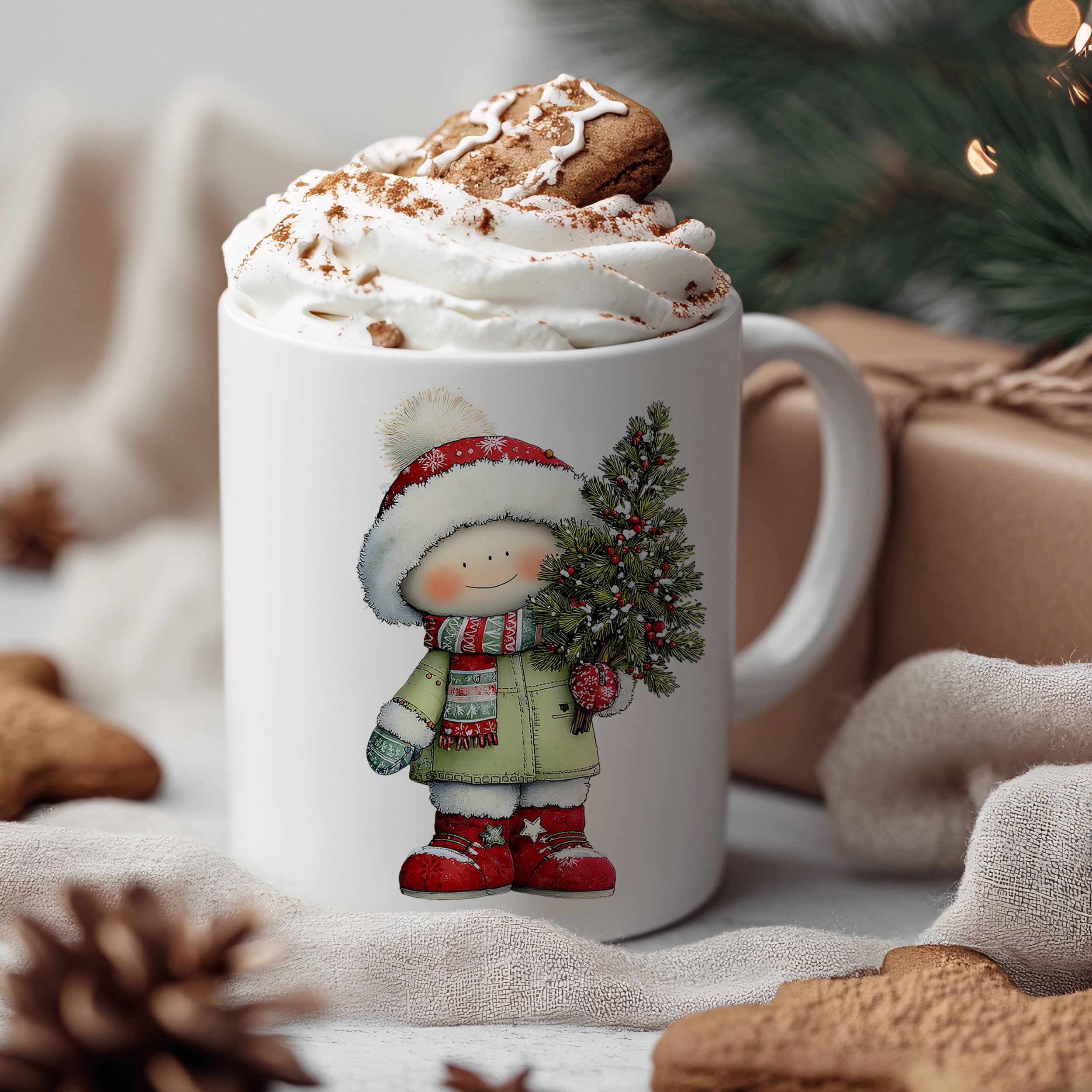 Weihnachtstasse mit fröhlichem Winterkind