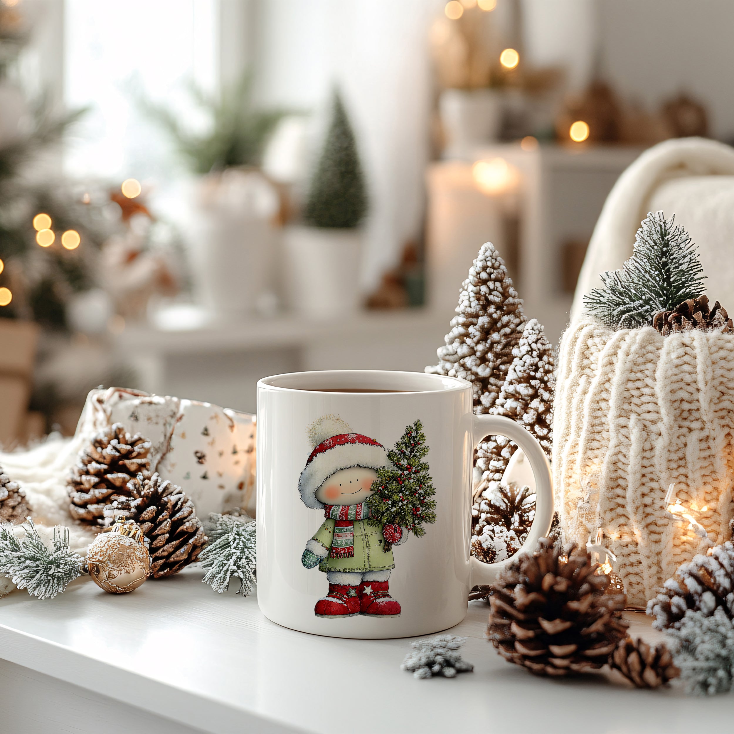 Weihnachtstasse mit fröhlichem Winterkind