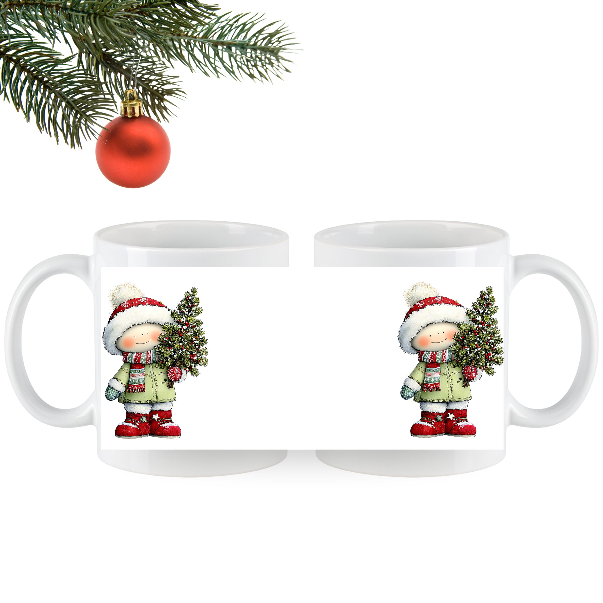 Weihnachtstasse mit fröhlichem Winterkind