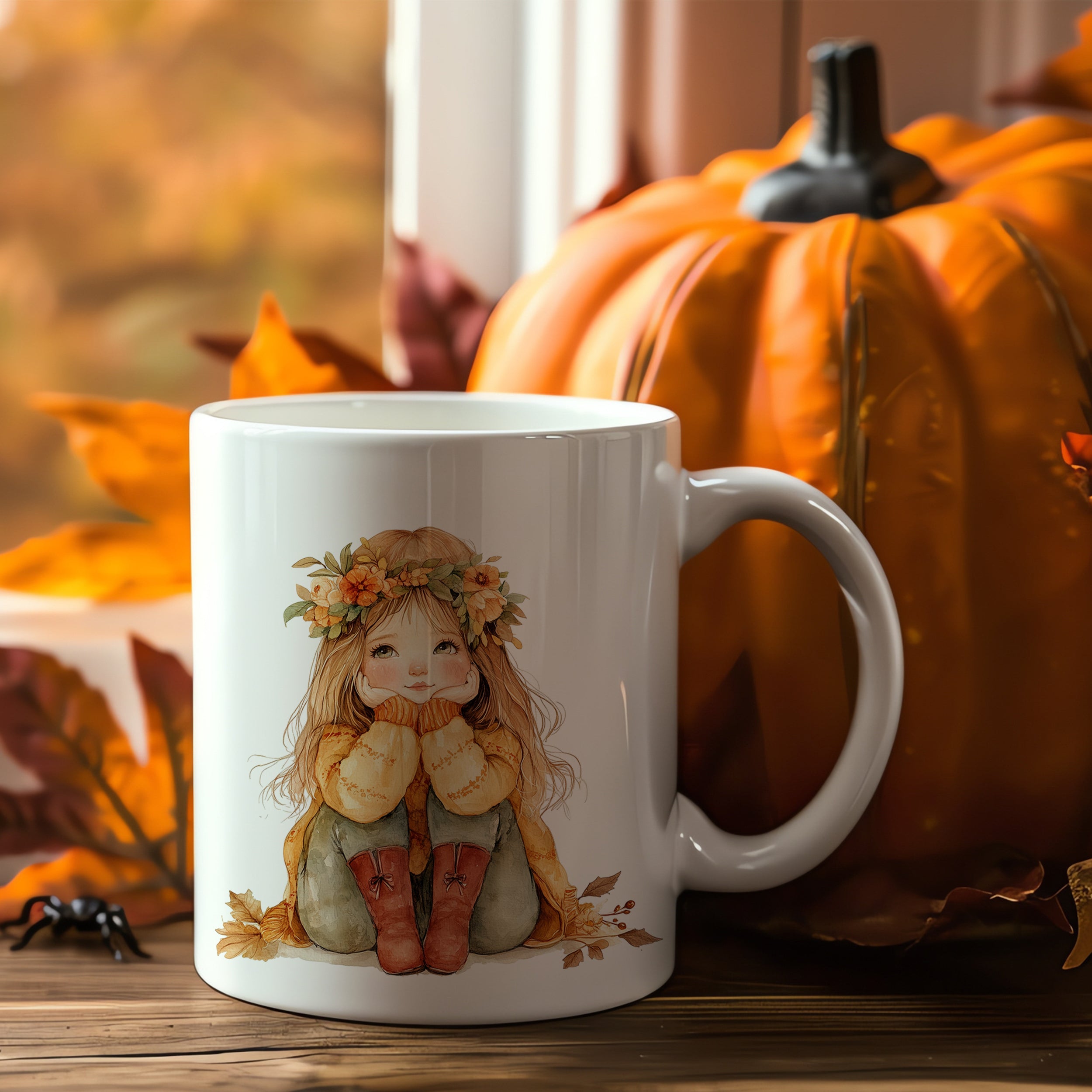 Tasse mit Mädchen, Blumenkranz und herbstlichen Farben.