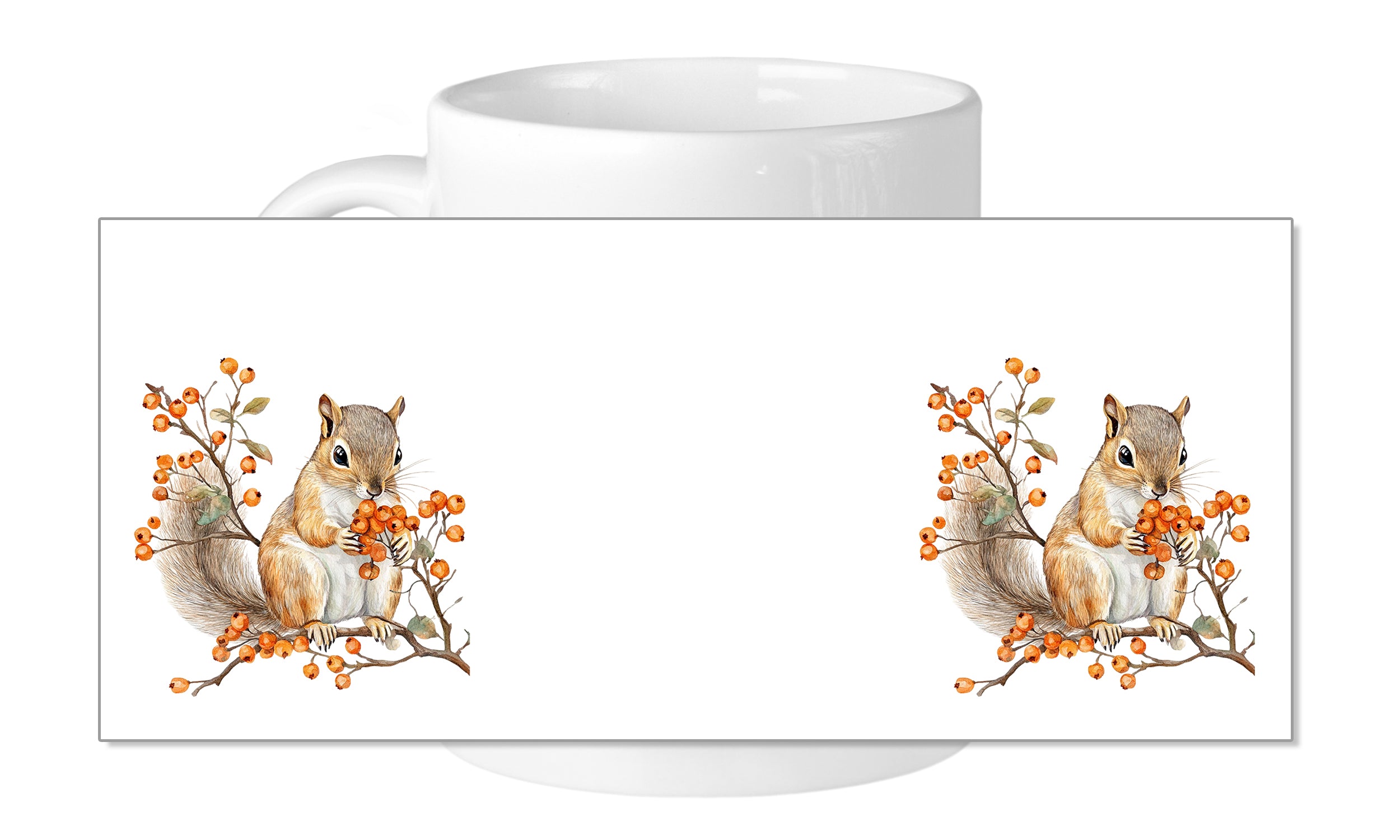 Weiße Tasse mit Eichhörnchen und orangefarbenen Beeren.