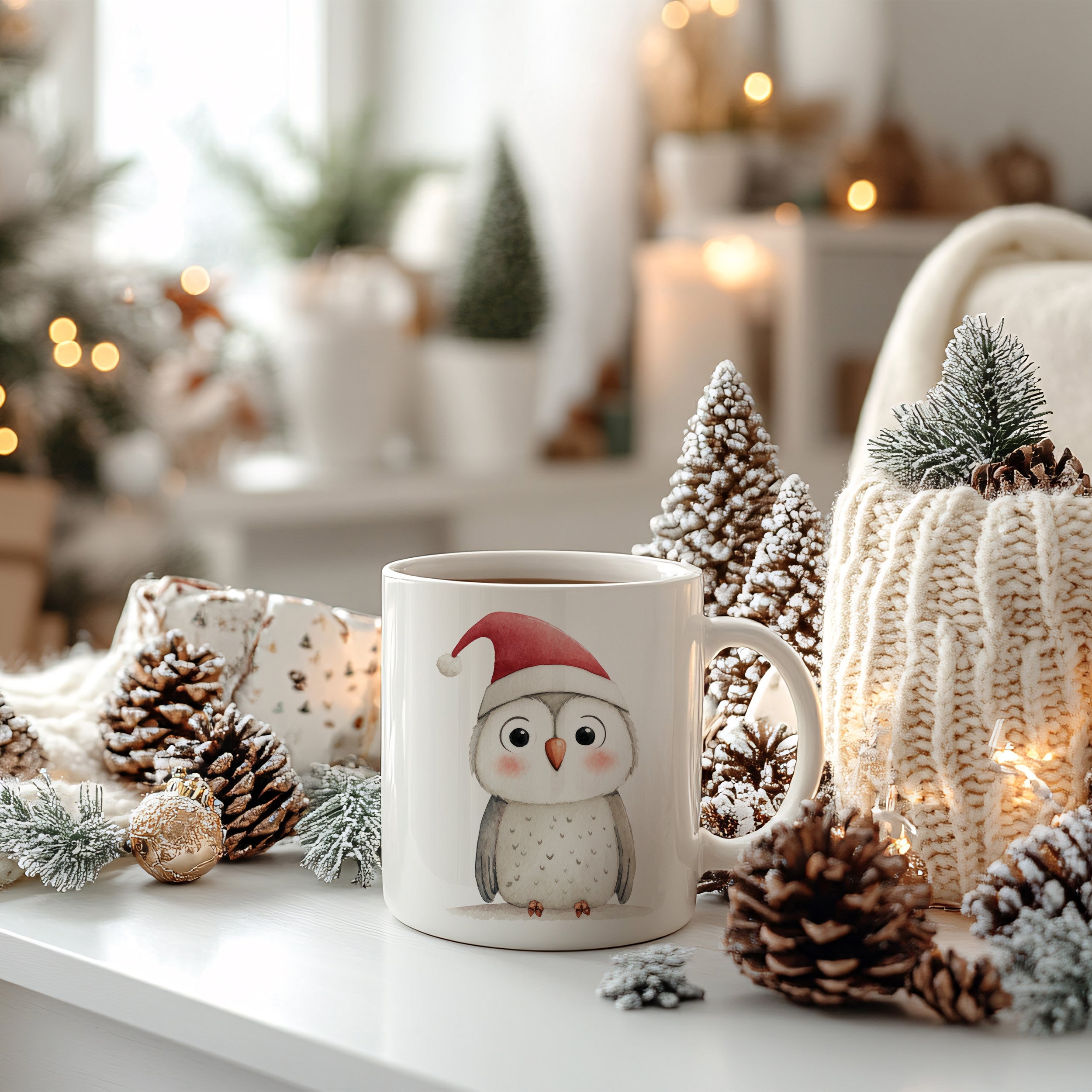 Tasse mit Eule und rotem Weihnachtsmütze, winterliche Dekoration.