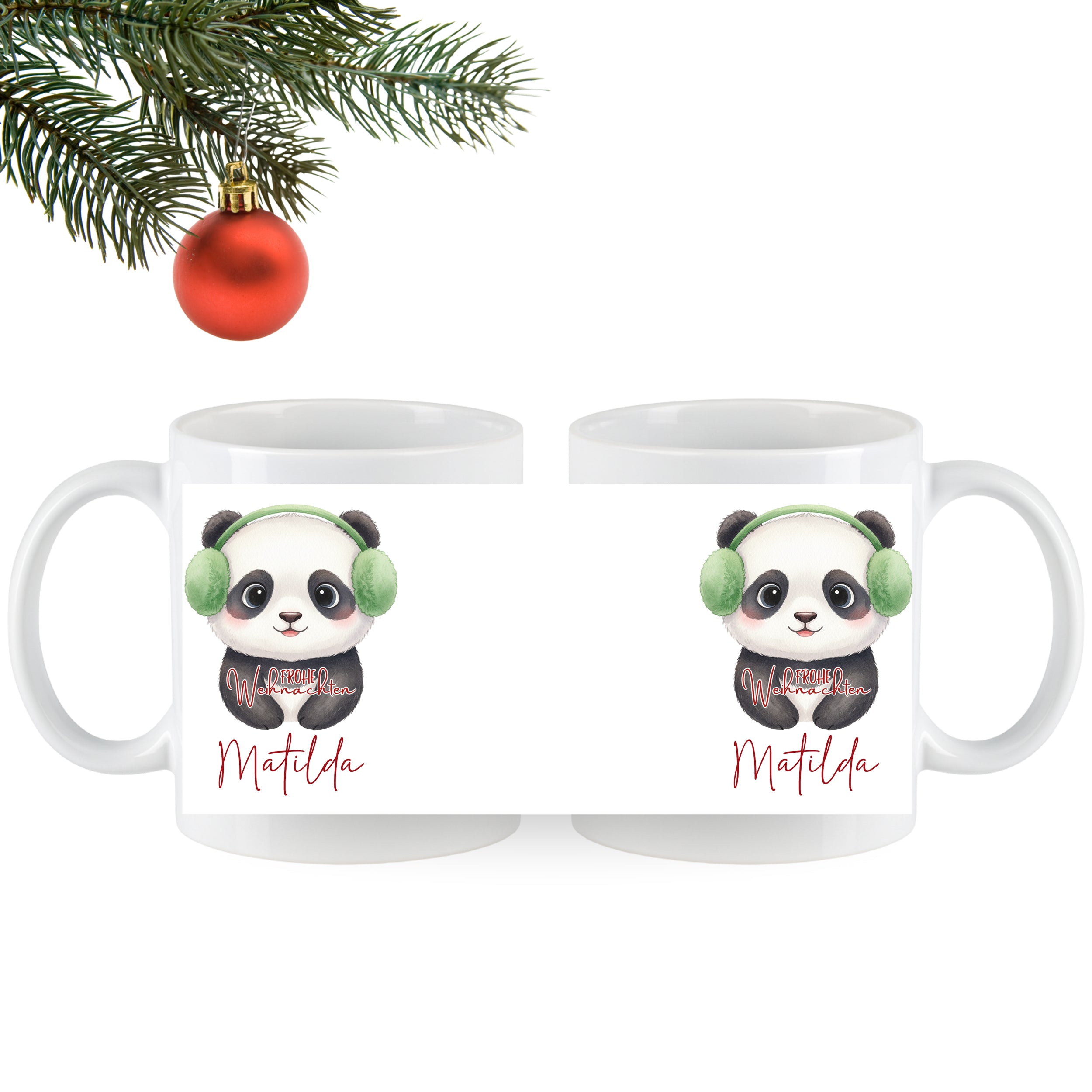 Weiße Tasse mit Panda-Motiv und grünen Kopfhörern.