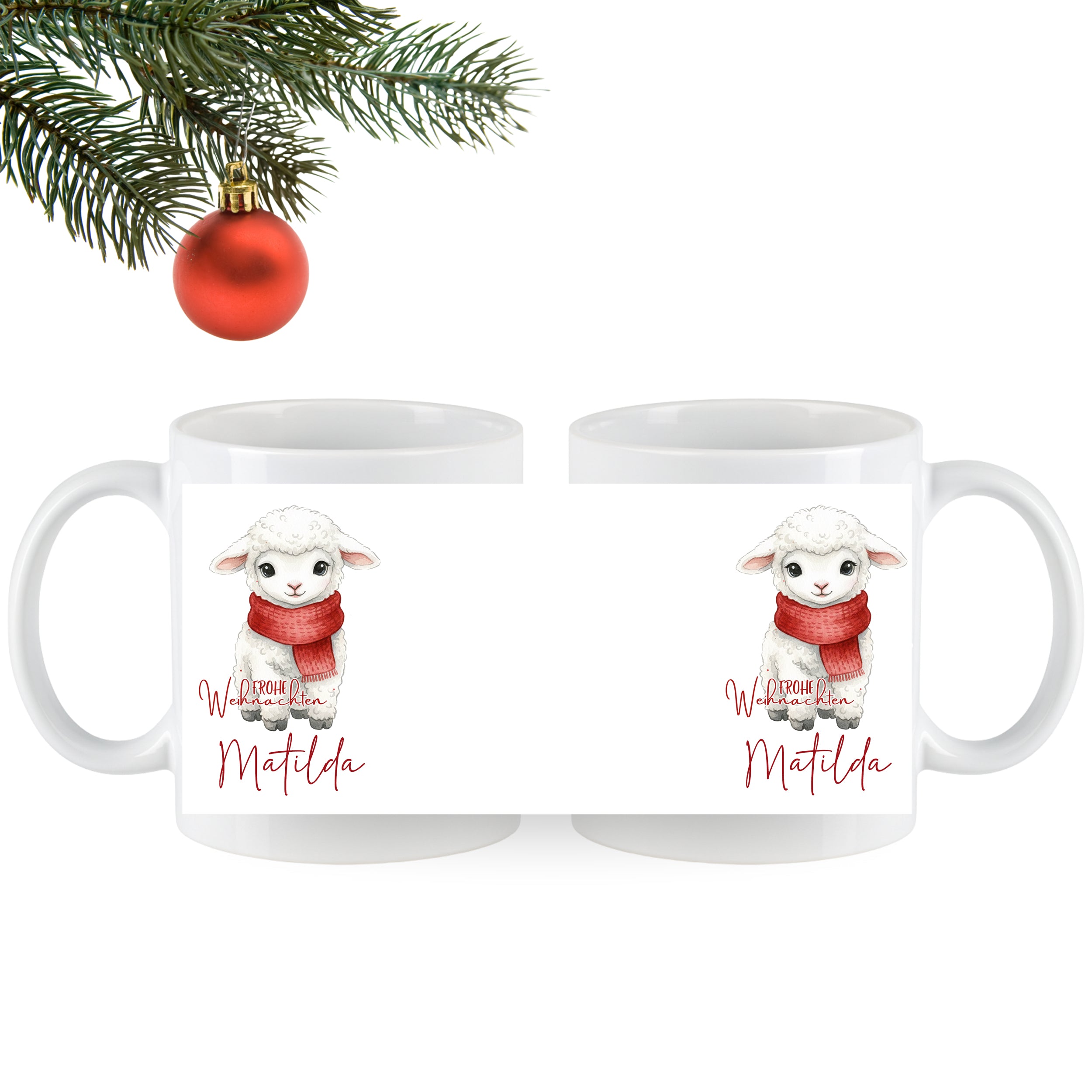 Tasse mit Schaf-Motiv und rotem Schal, personalisiert.