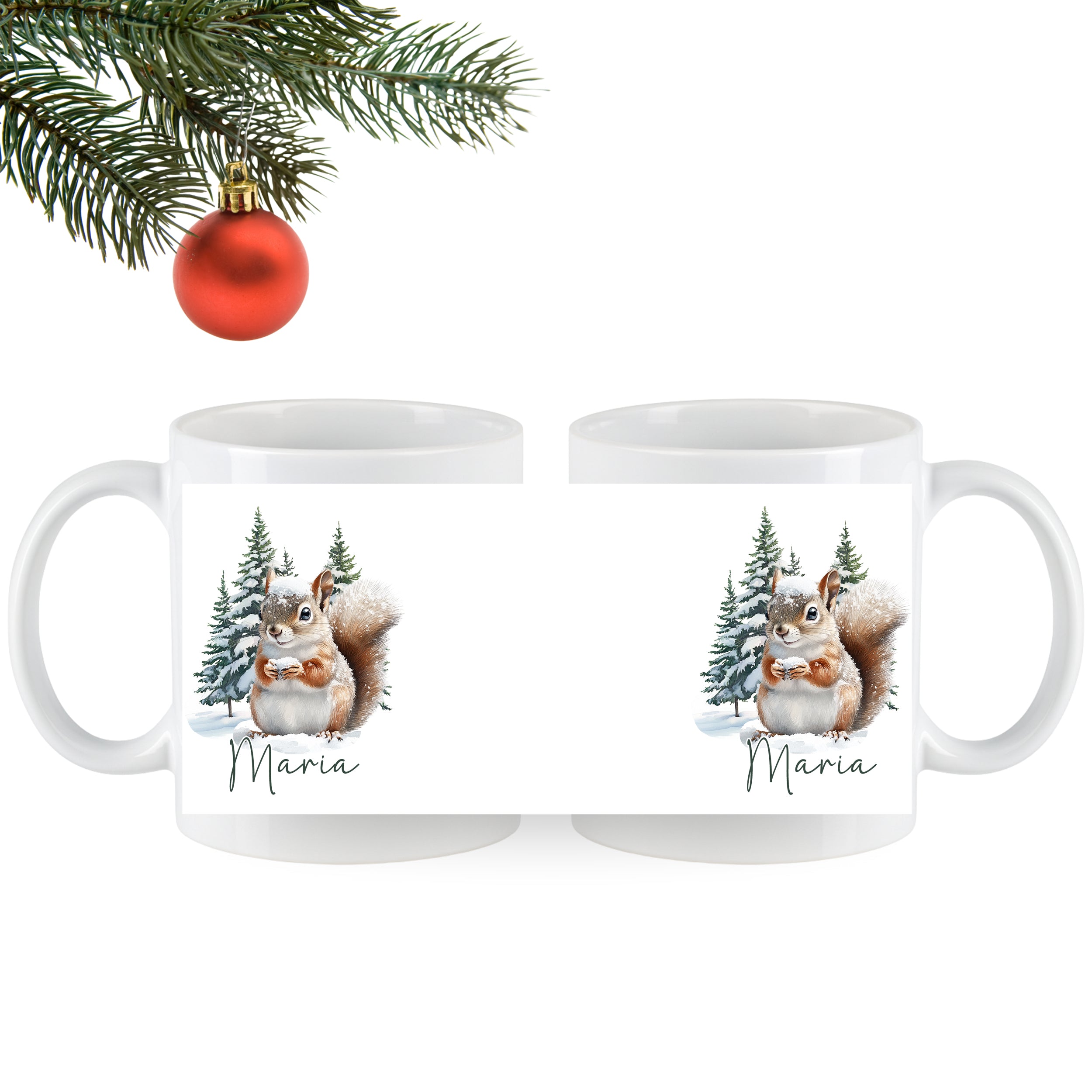 Weiße Tasse mit Eichhörnchen und personalisiertem Namen Maria.