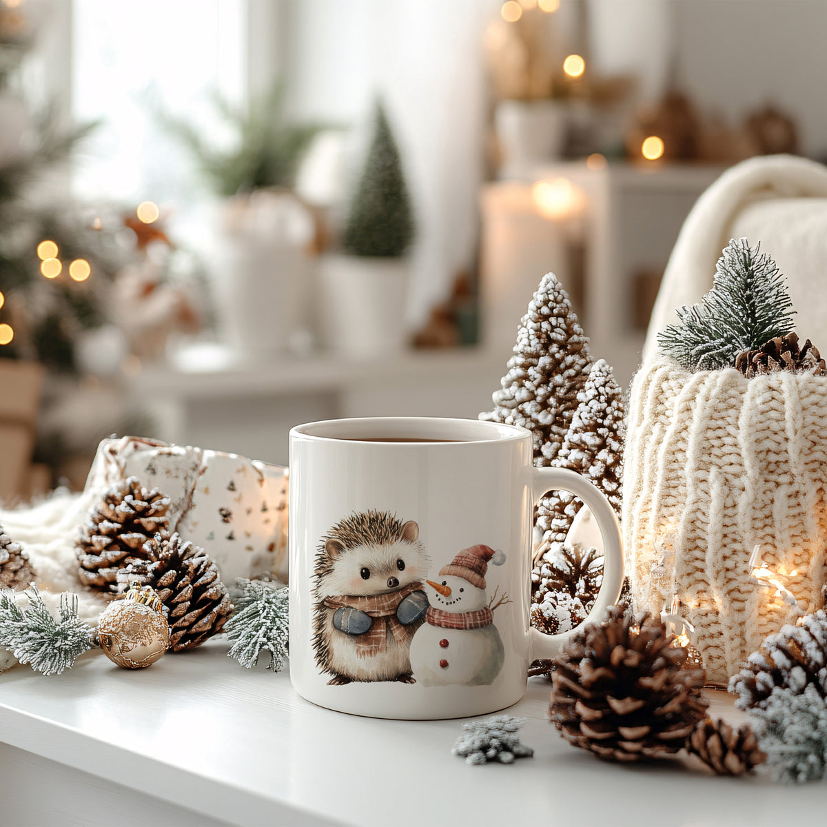 Kaffeetasse mit Igel und Schneemann, winterliche Dekoration.
