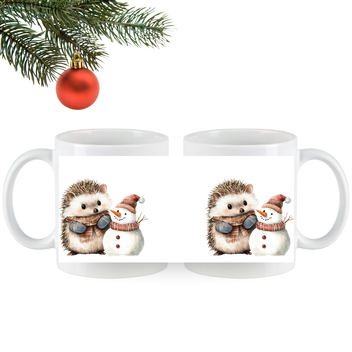 Tassen mit Igel und Schneemann, festliche Weihnachtsmotive.