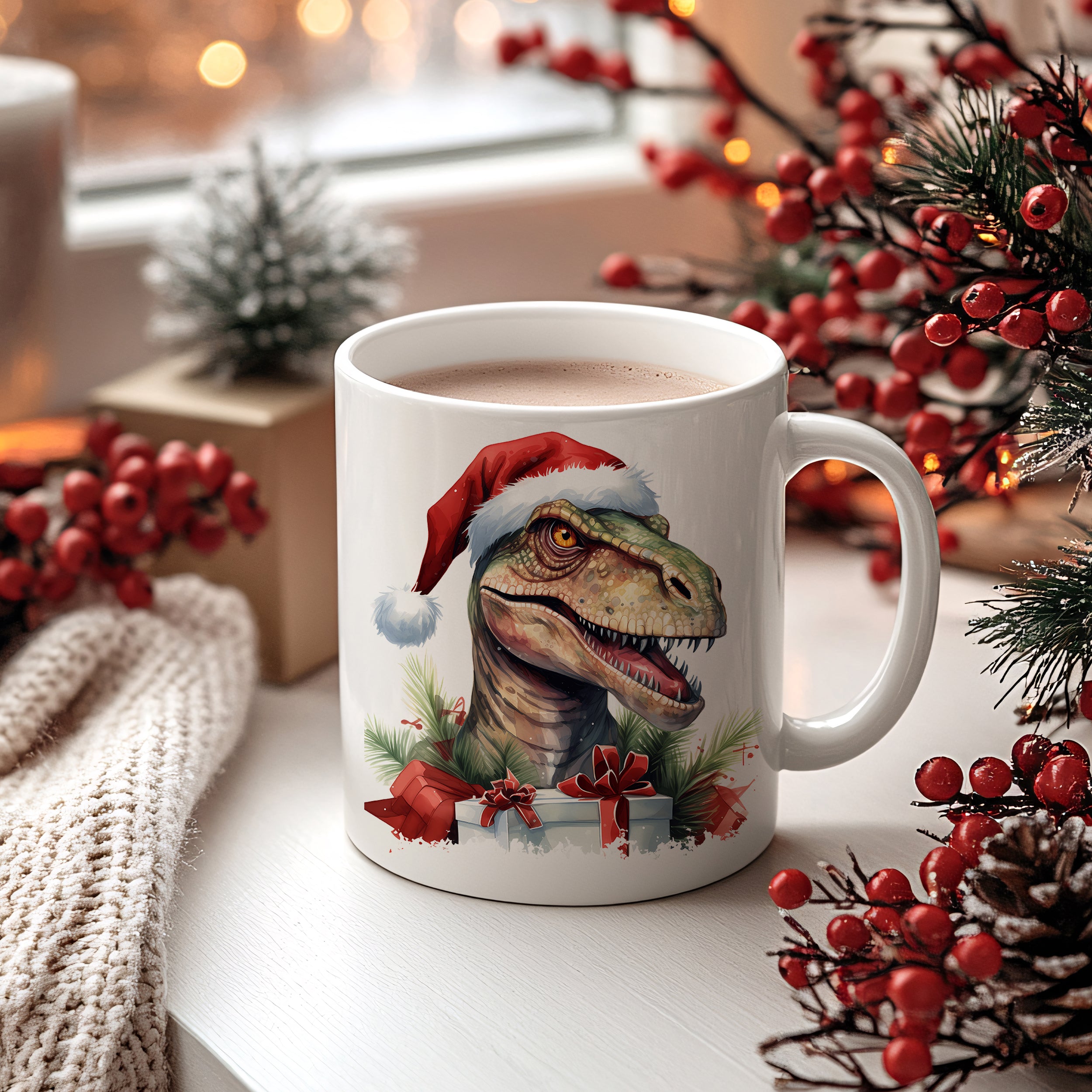 Tasse Dinosaurier mit Weihnachtsmütze