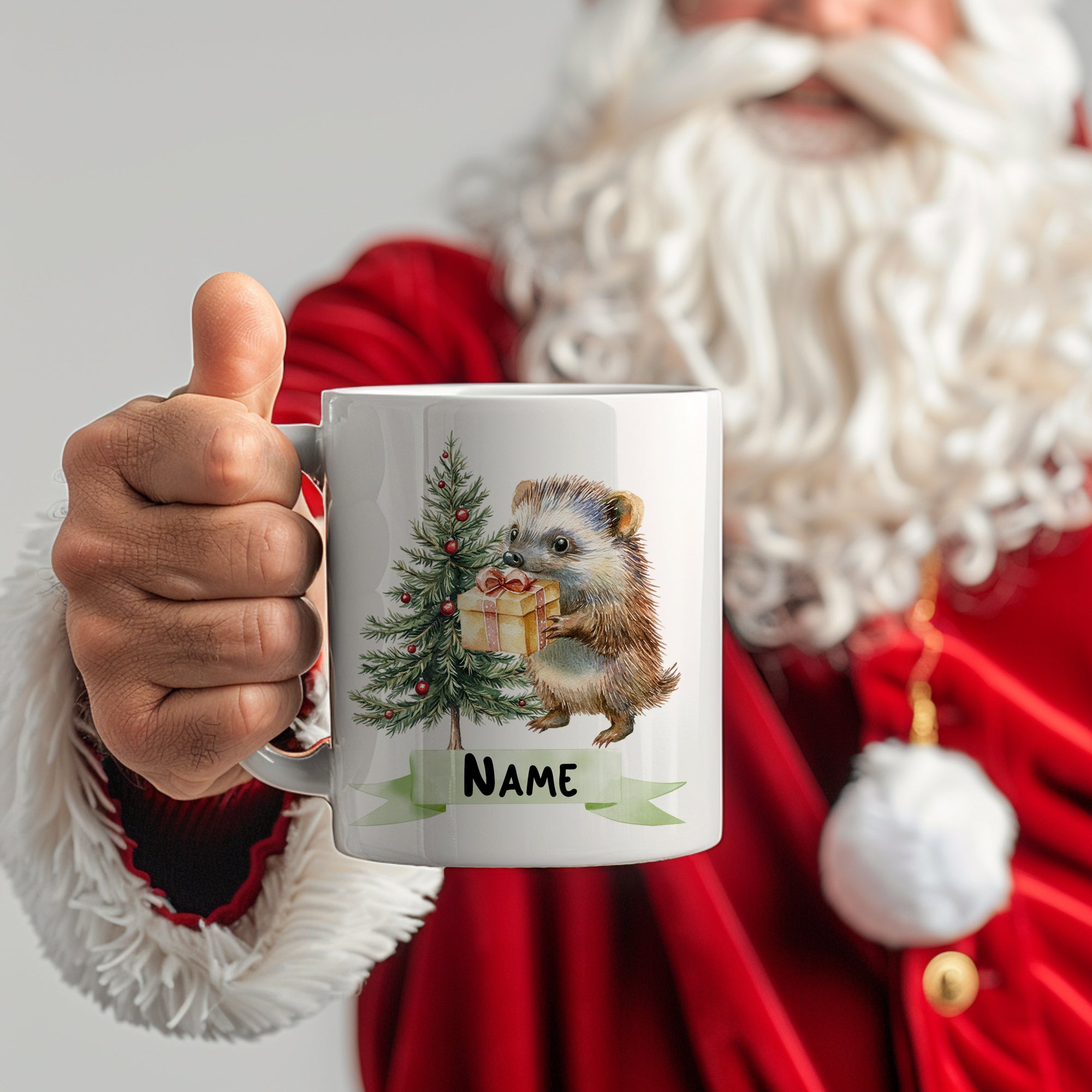 Weihnachtstasse Igel mit Geschenk