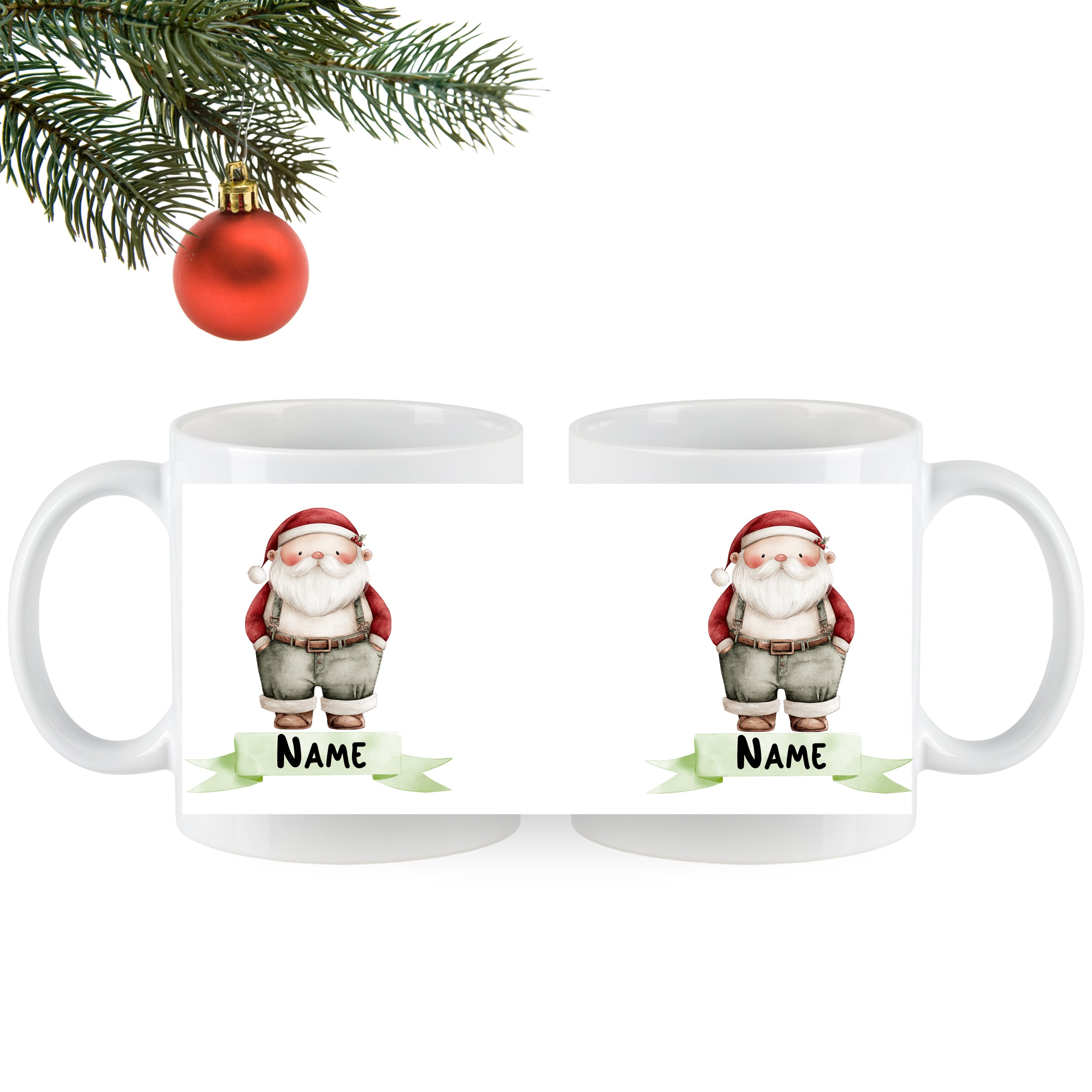 Weiße Tassen mit Weihnachtsmann-Motiv und personalisierbarem Namen.
