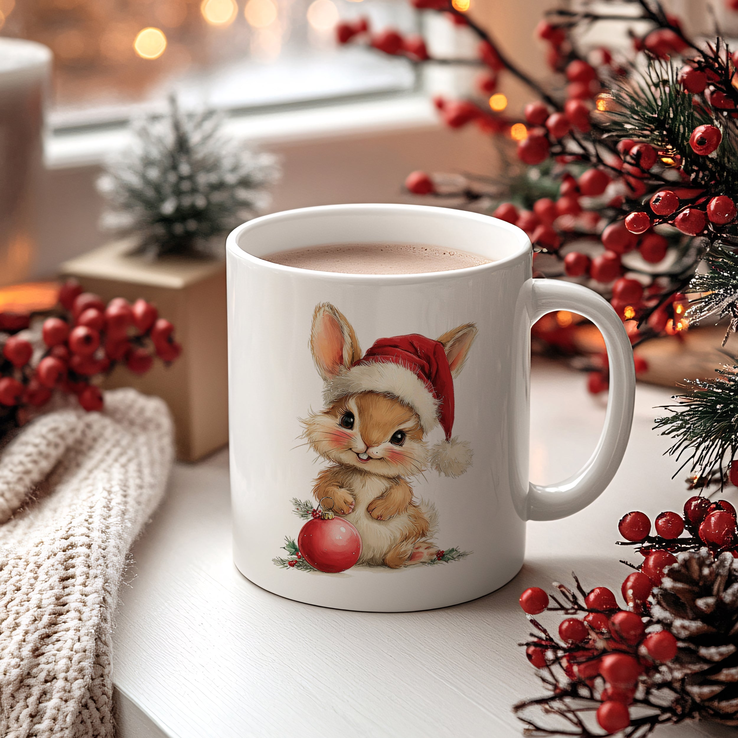 Weißer Becher mit niedlichem Weihnachtskaninchen und rotem Hut.