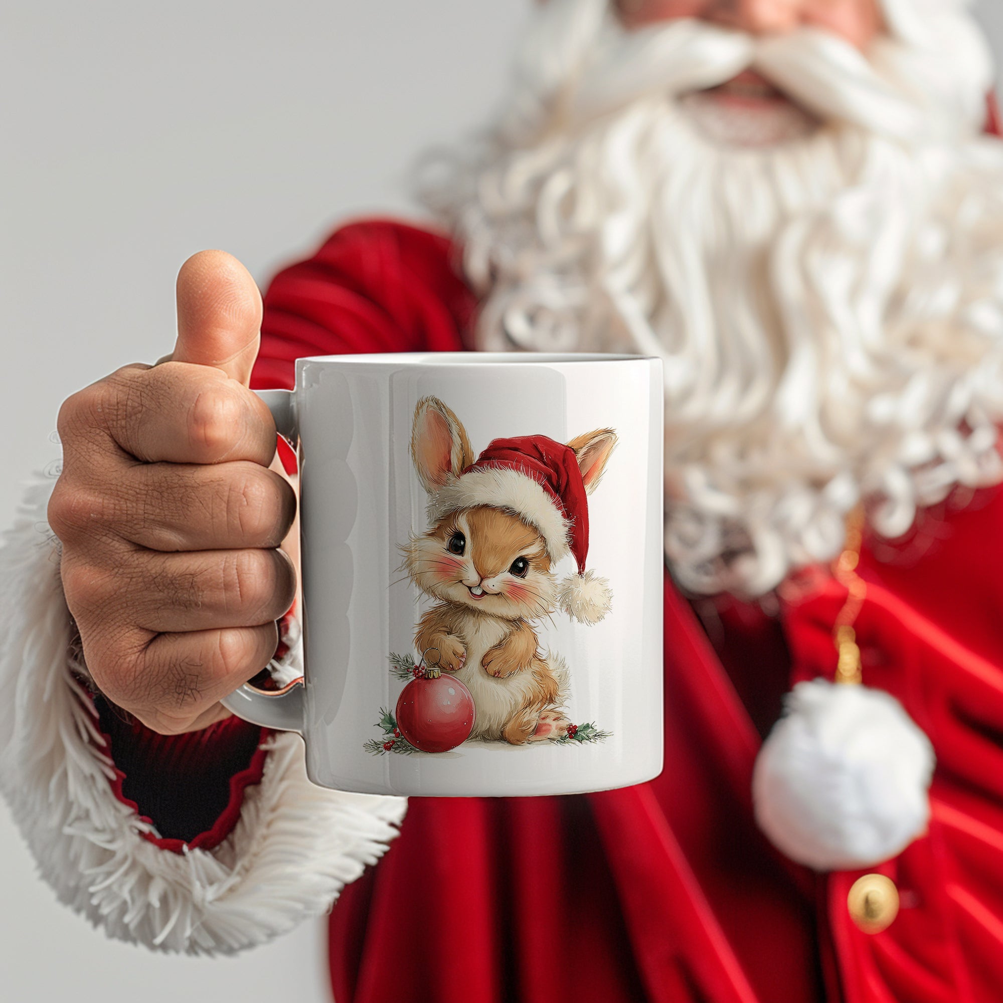 Tasse mit niedlichem Hasen im Weihnachtsmann-Hut.