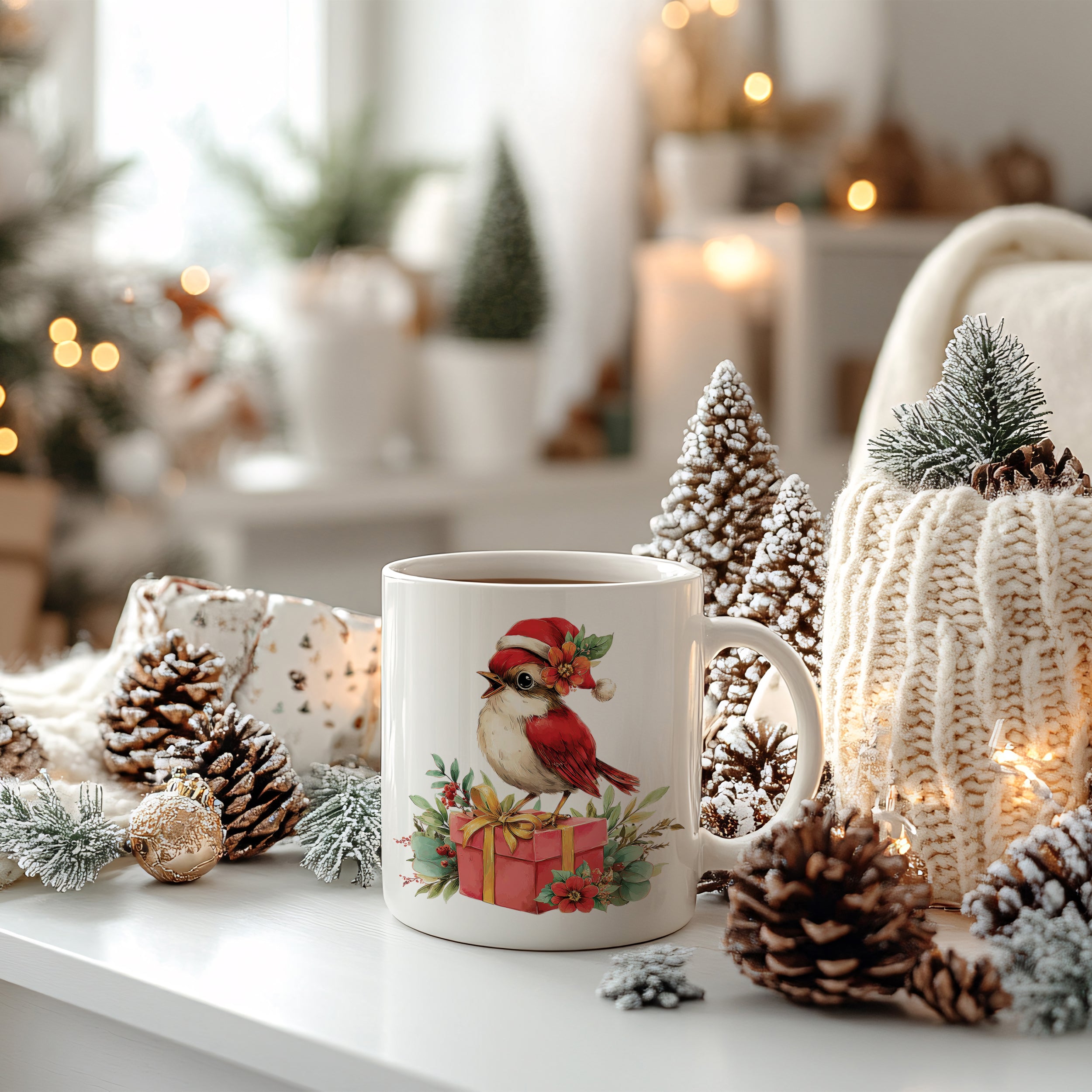 Weißer Becher mit rotem Vogel und Geschenkmotiv.