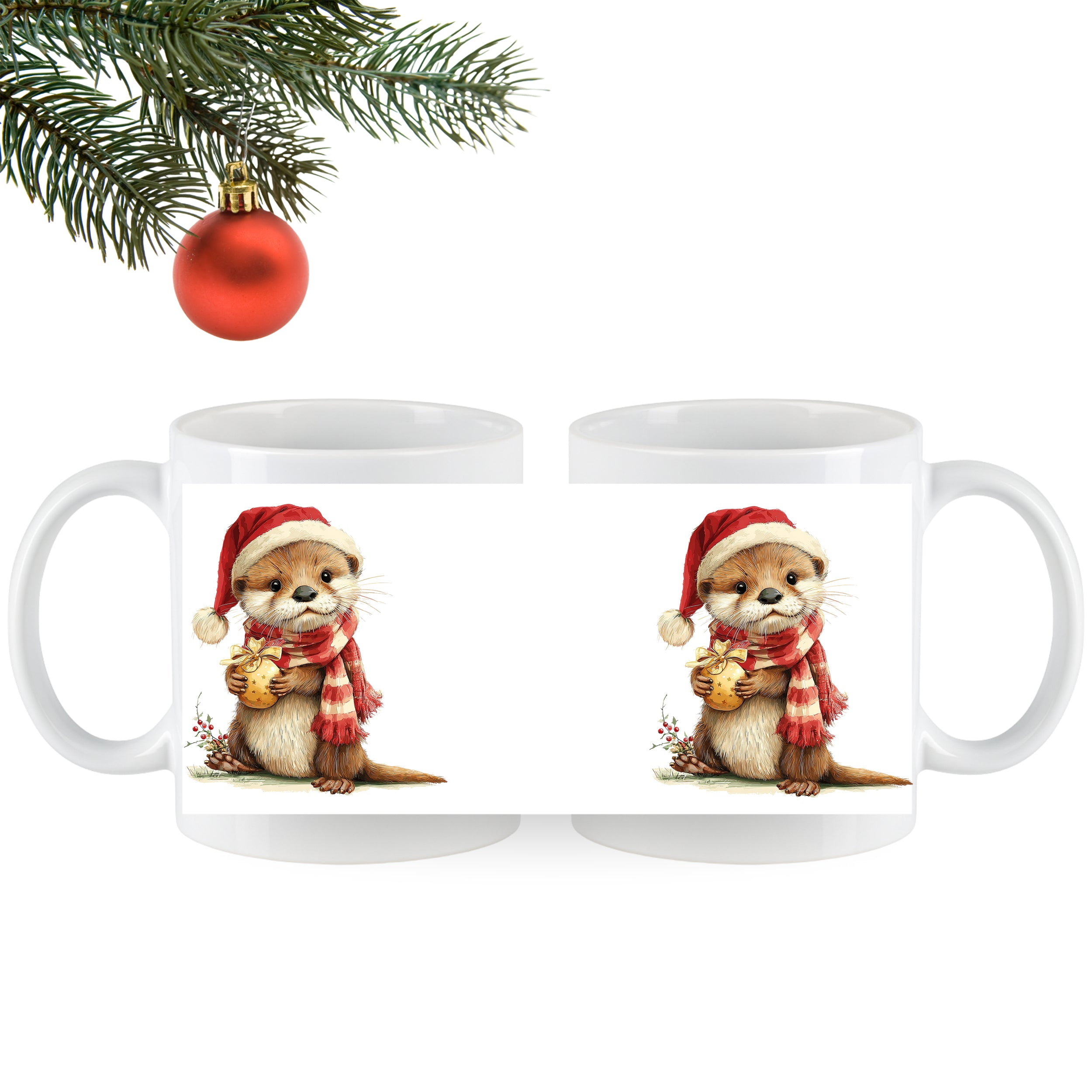 Tassen mit niedlichem Otter im Weihnachtsmann-Hut.