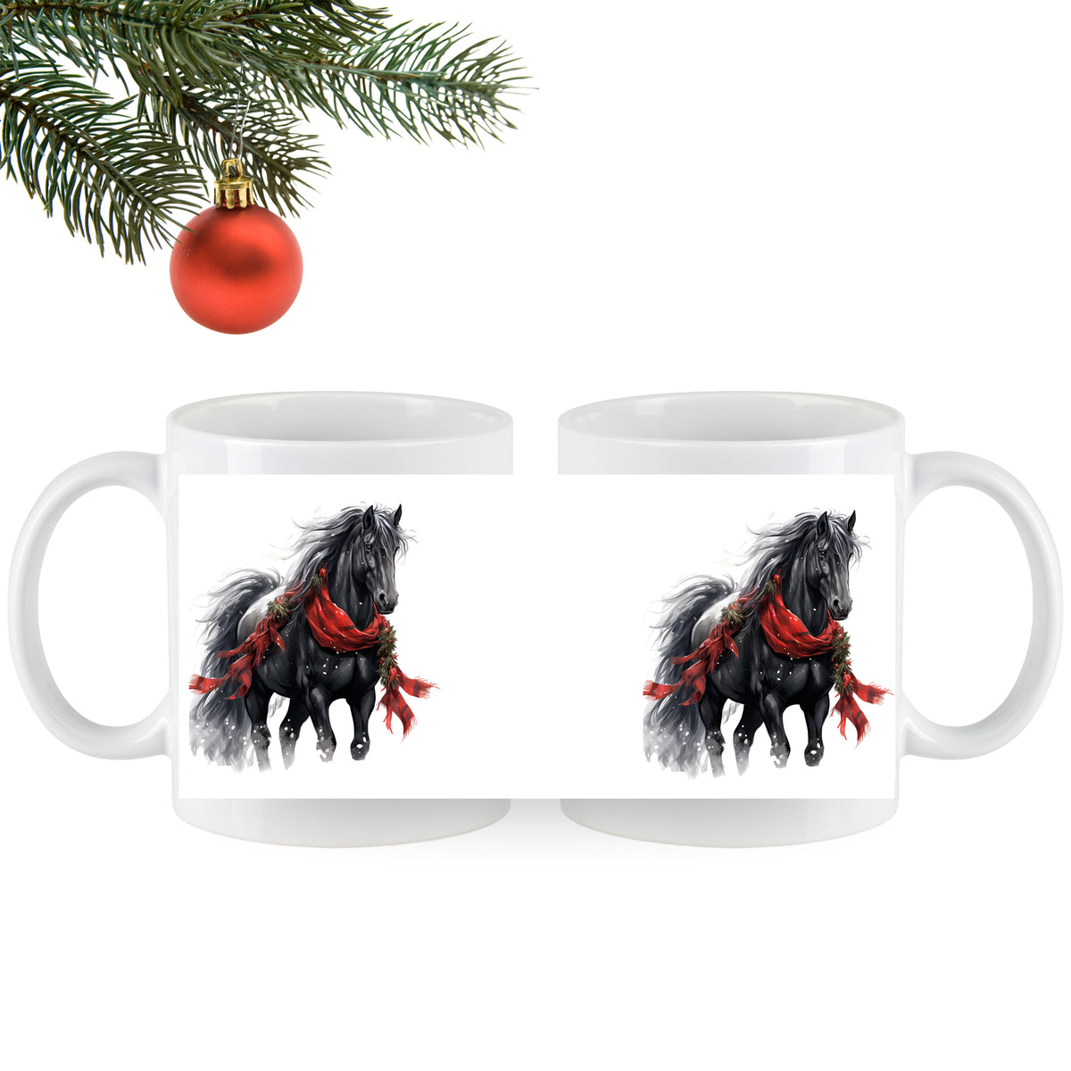 Schwarze Tasse mit Pferdemotiv und rotem Schal.