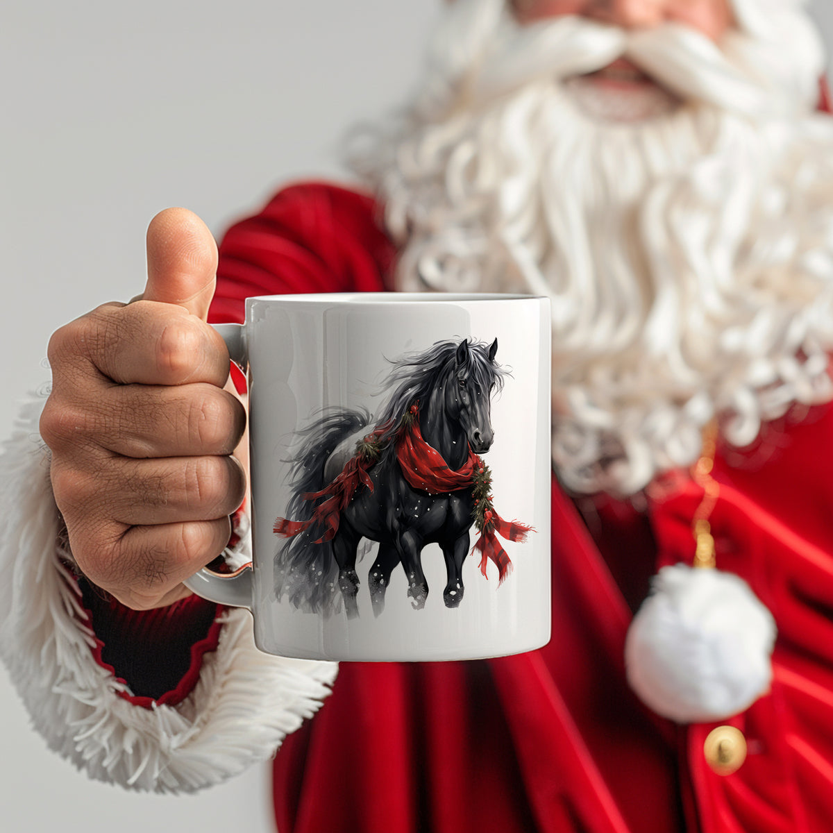 Schwarze Tasse mit Pferdemotiv und rotem Schal.