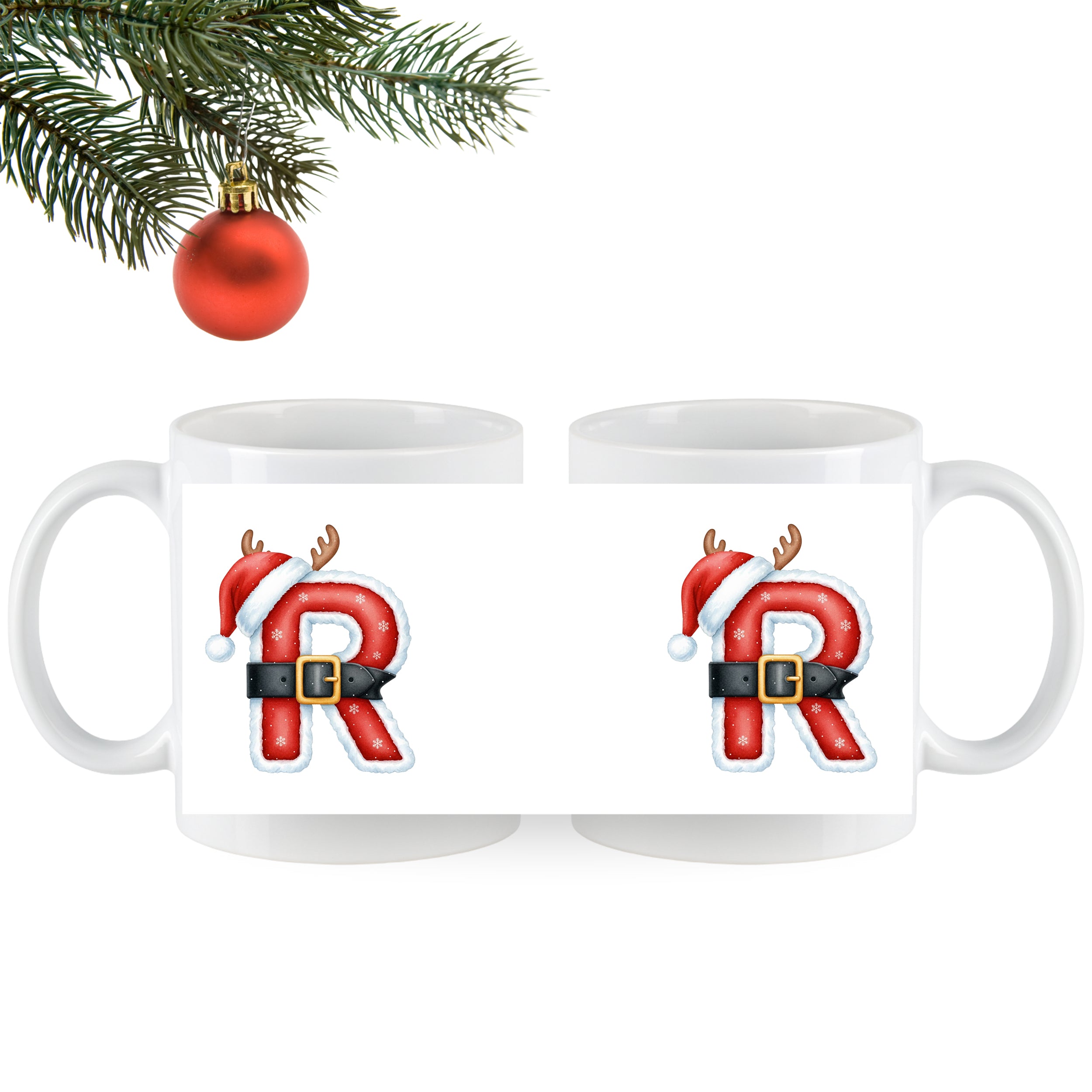 Weihnachtliche Tassen mit rotem "R" und Rentiergeweih.