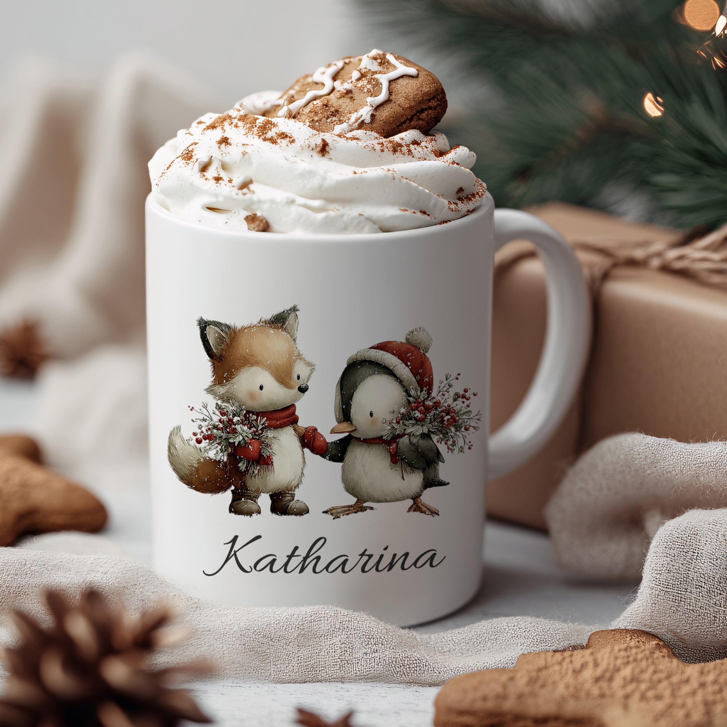 Tasse mit Fuchs und Pinguin, personalisiert für Katharina.