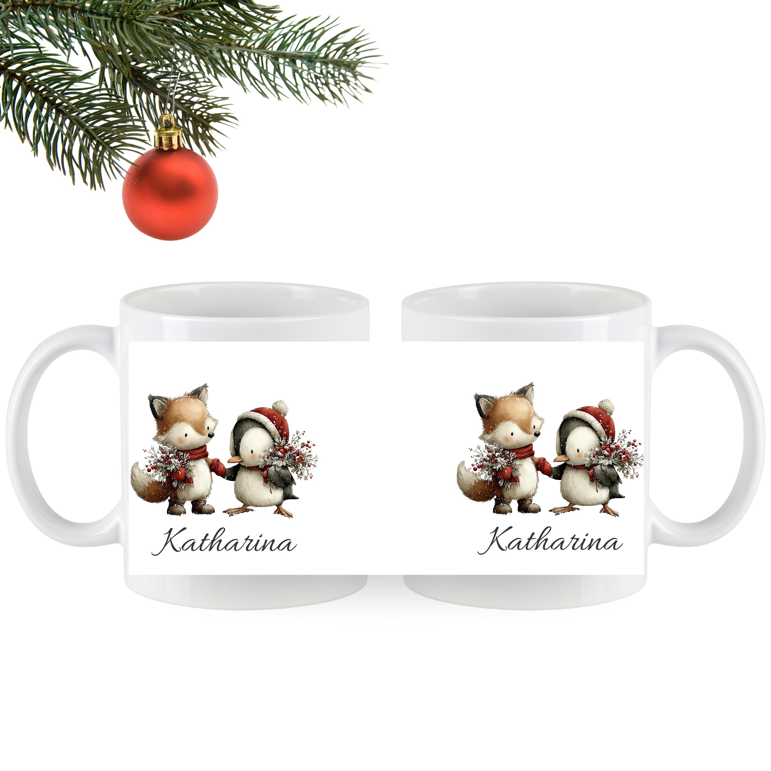 Weiße Tassen mit Fuchs und Pinguin, personalisiert mit "Katharina".