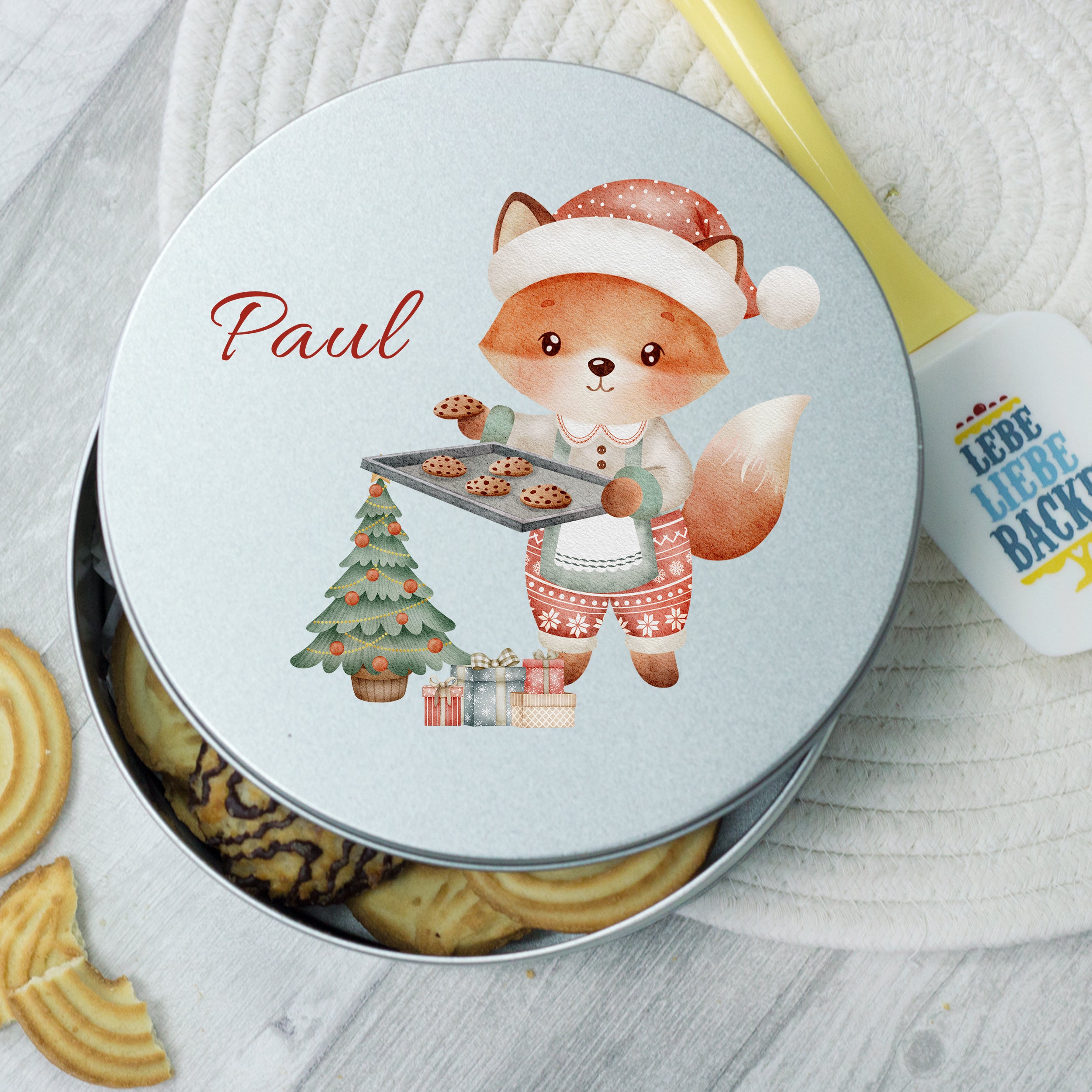 Keksdose mit Fuchs-Motiv, silberfarben, Weihnachtsdesign.