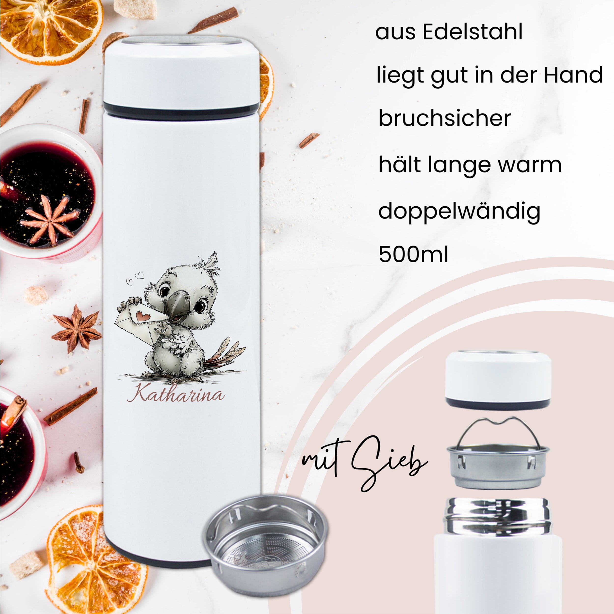 Tee-Thermosflasche mit süßem Vogelmotiv