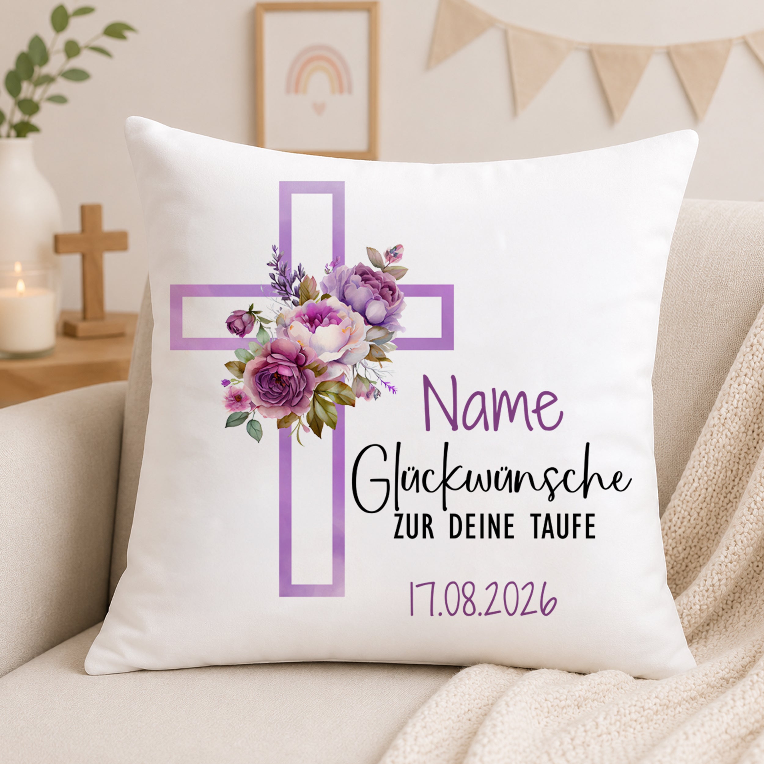Kissen mit Kreuz und Blumen - Herzliche Glückwünsche zur Taufe