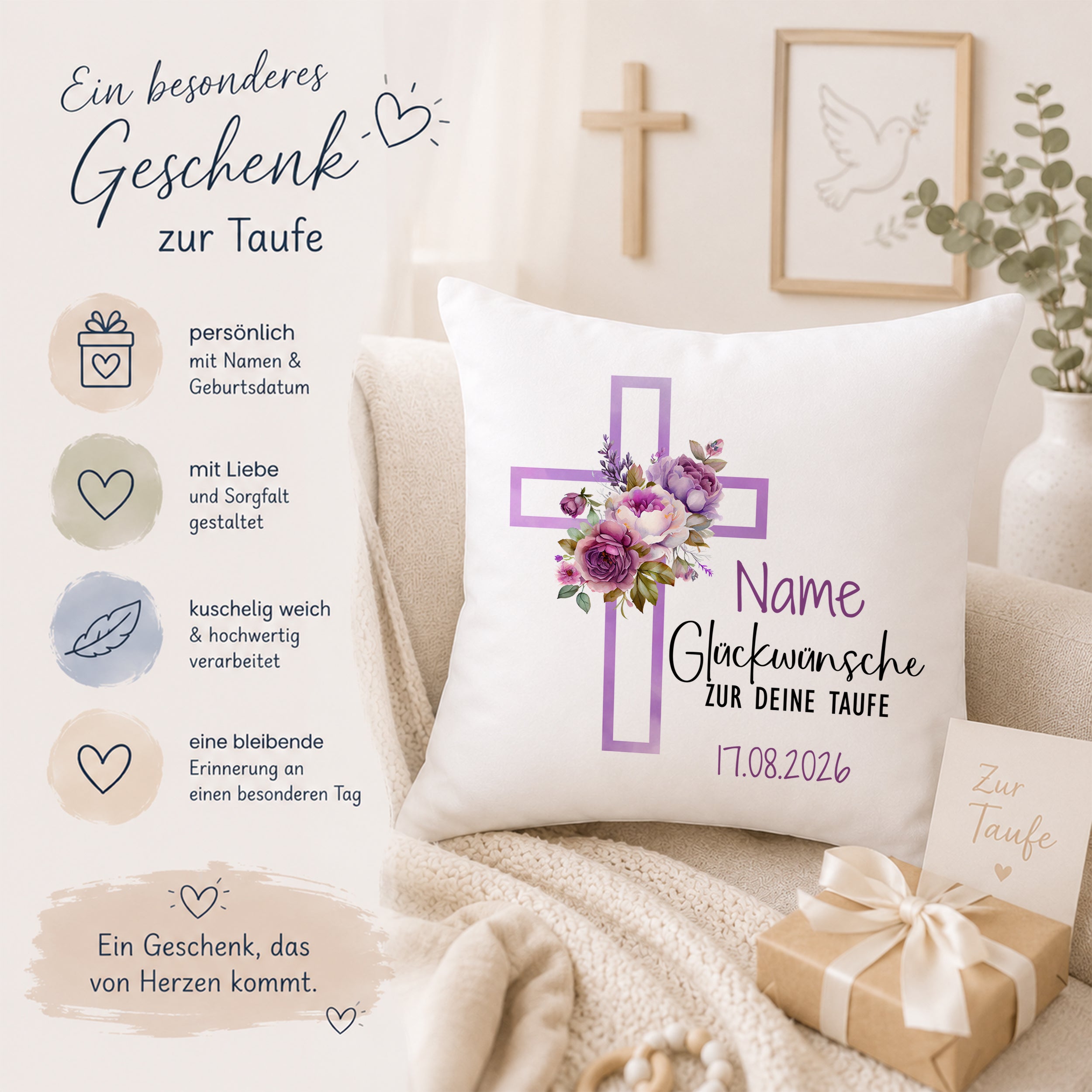 Kissen mit Kreuz und Blumen - Herzliche Glückwünsche zur Taufe