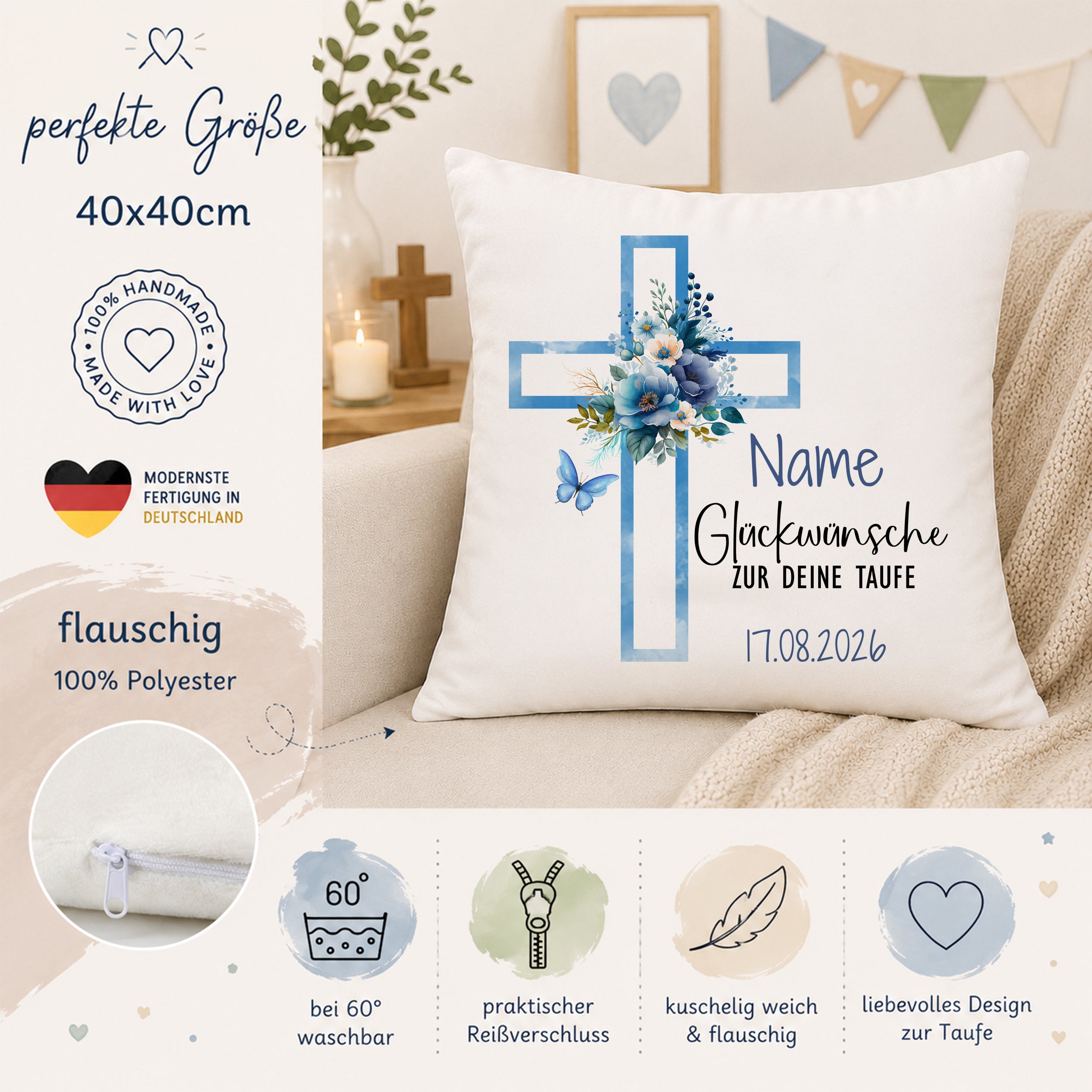 Kissen mit Kreuz - Glückwünsche zur Taufe