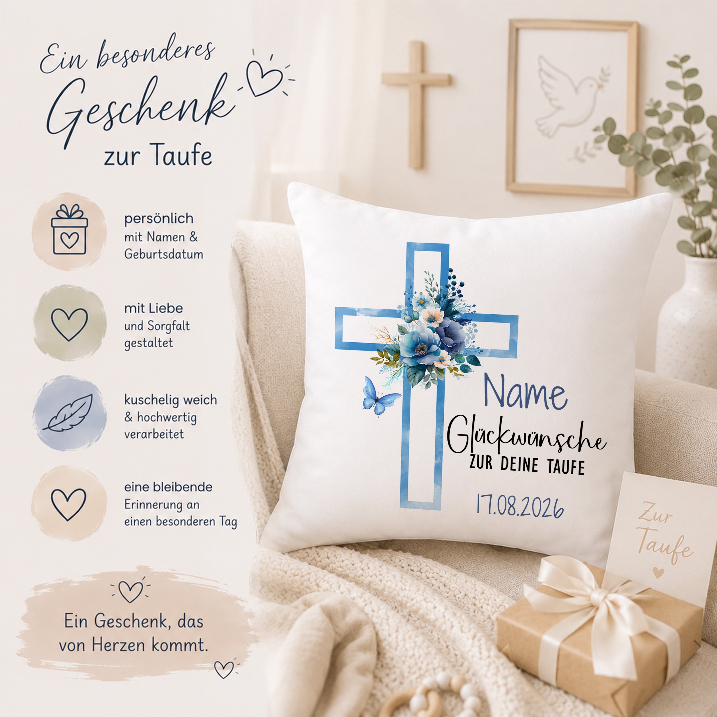 Kissen mit Kreuz - Glückwünsche zur Taufe