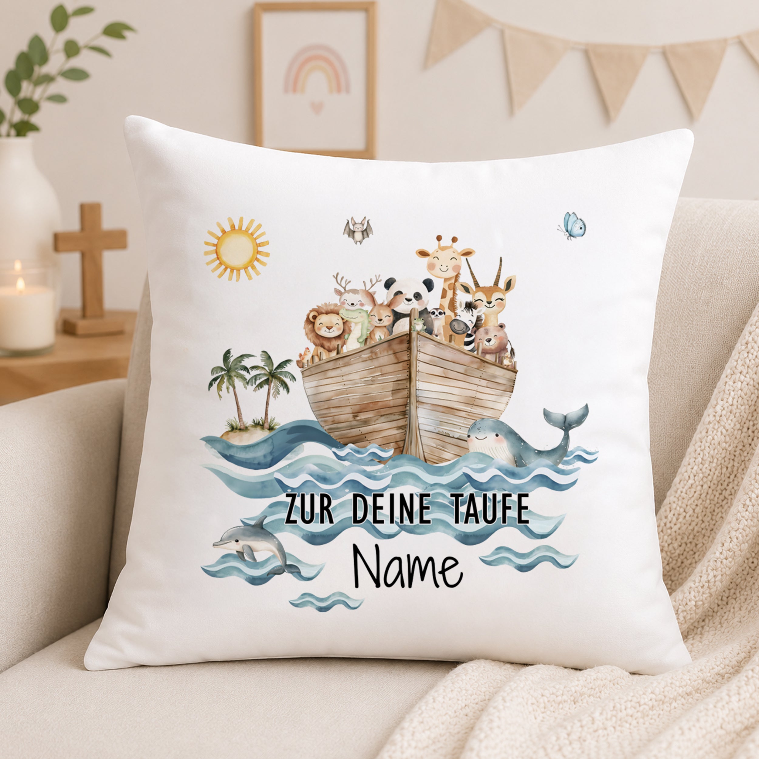 Kissen Taufe mit Arche Noah Tiere