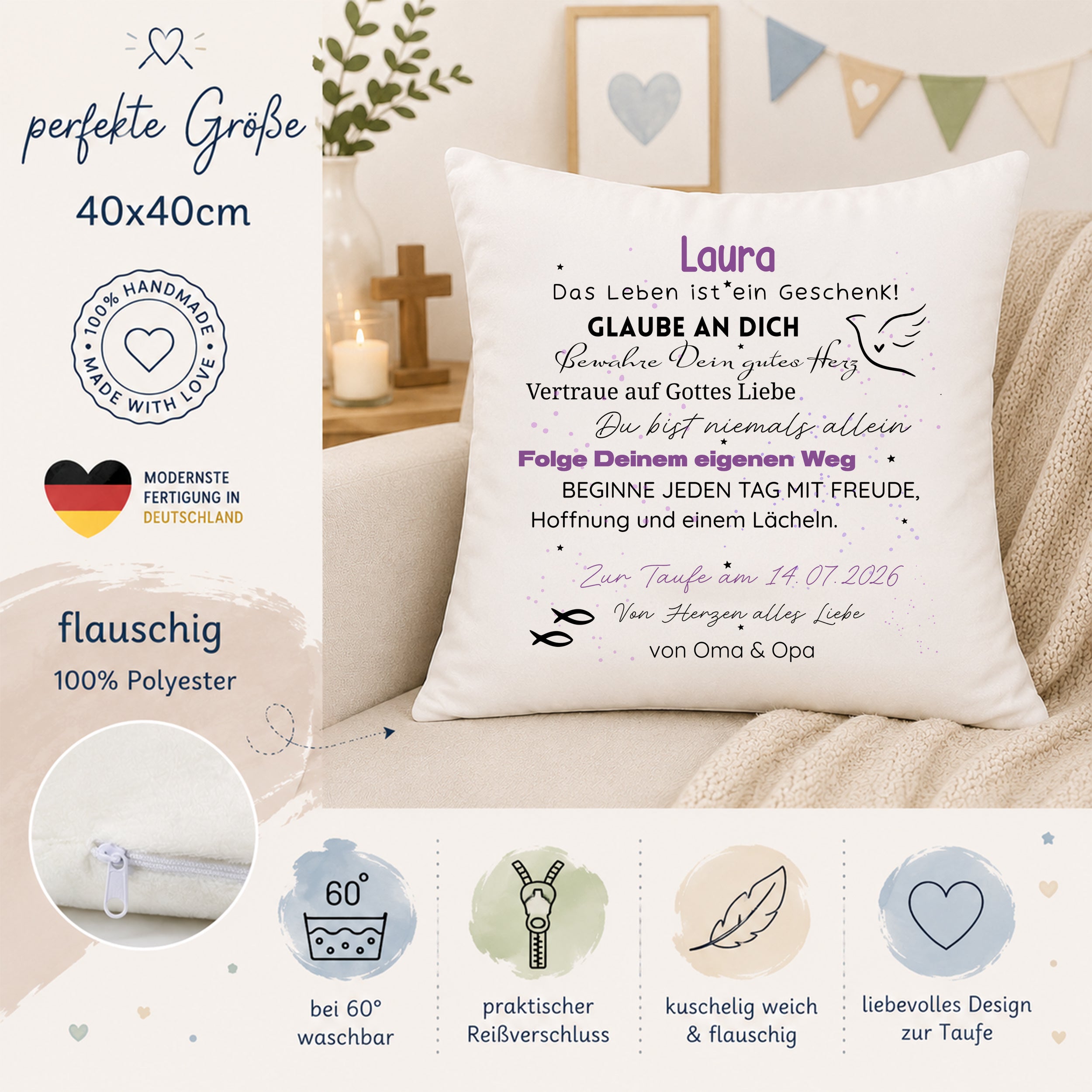 Kissen zur Taufe mit persönlichem Wunschtext - Ein Geschenk der Hoffnung