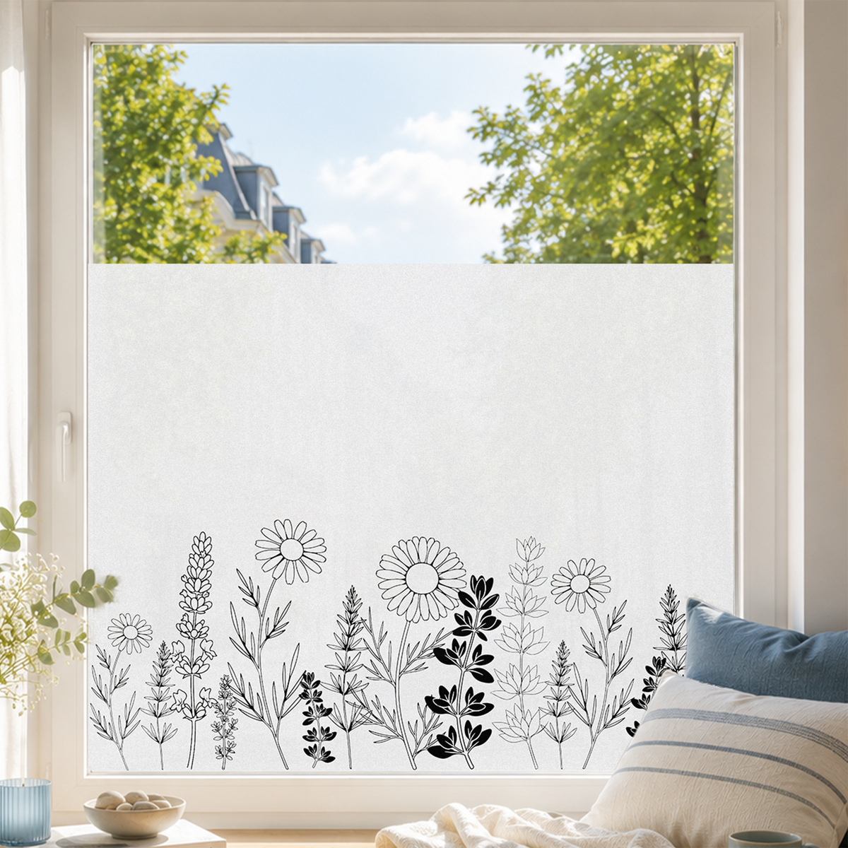 Fensterfolie Gänseblümchen Sandstrahloptik – Blickdichter Sichtschutz