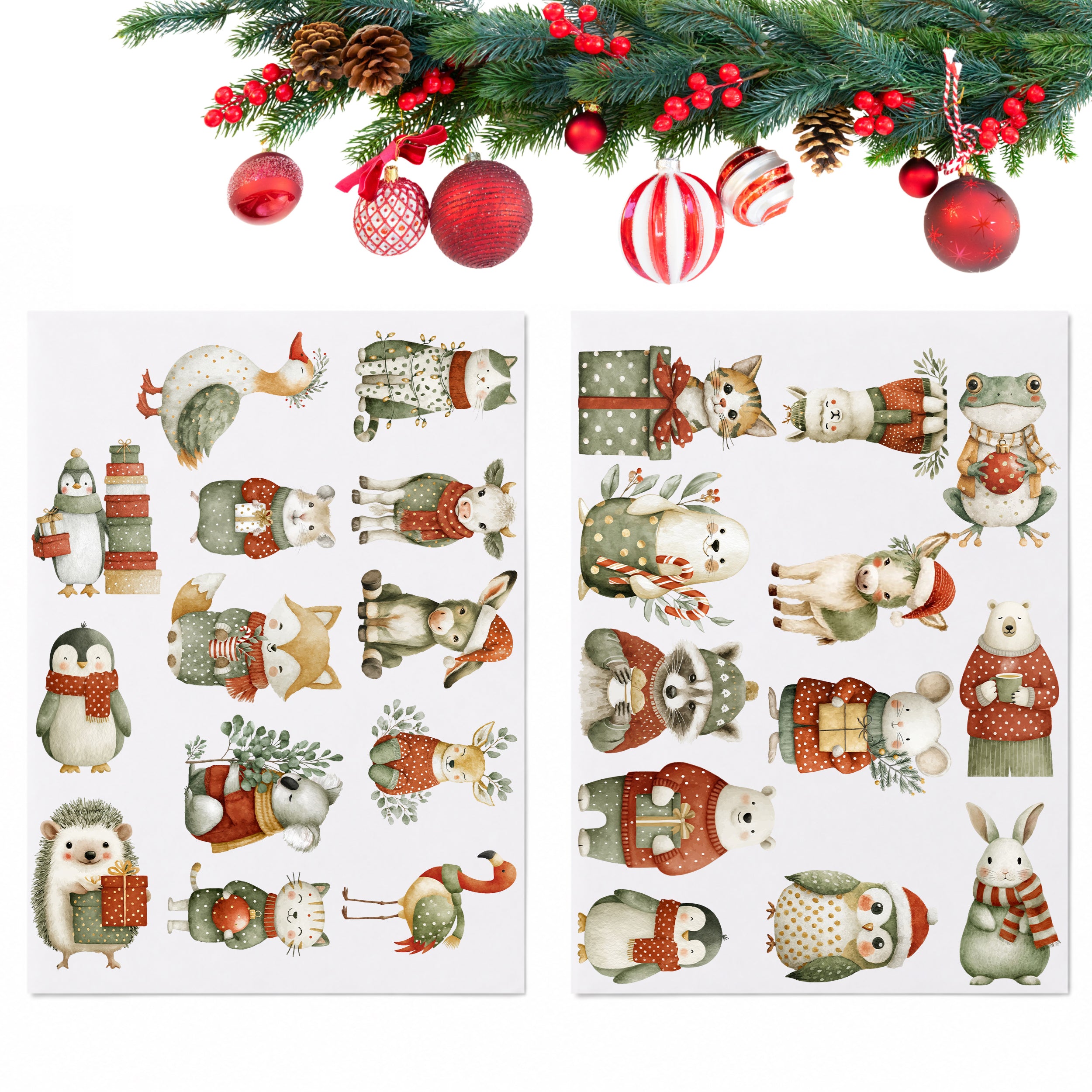 Zwei Bögen mit weihnachtlichen Tiermotiven unter festlich geschmückten Tannenzweigen