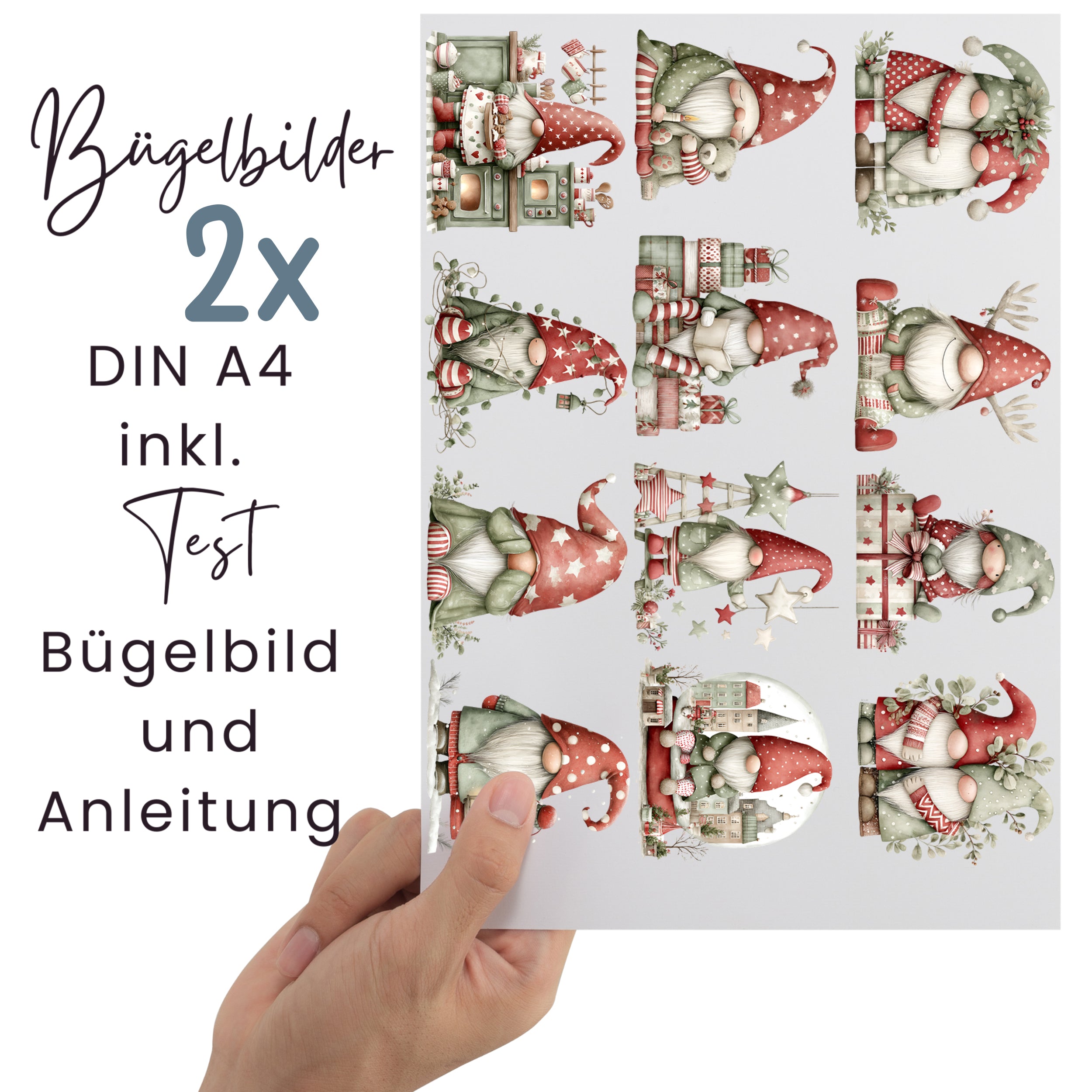 Bügelbilder mit Weihnachtswichteln auf zwei DIN-A4-Bögen inklusive Testmotiv und Bügelanleitung