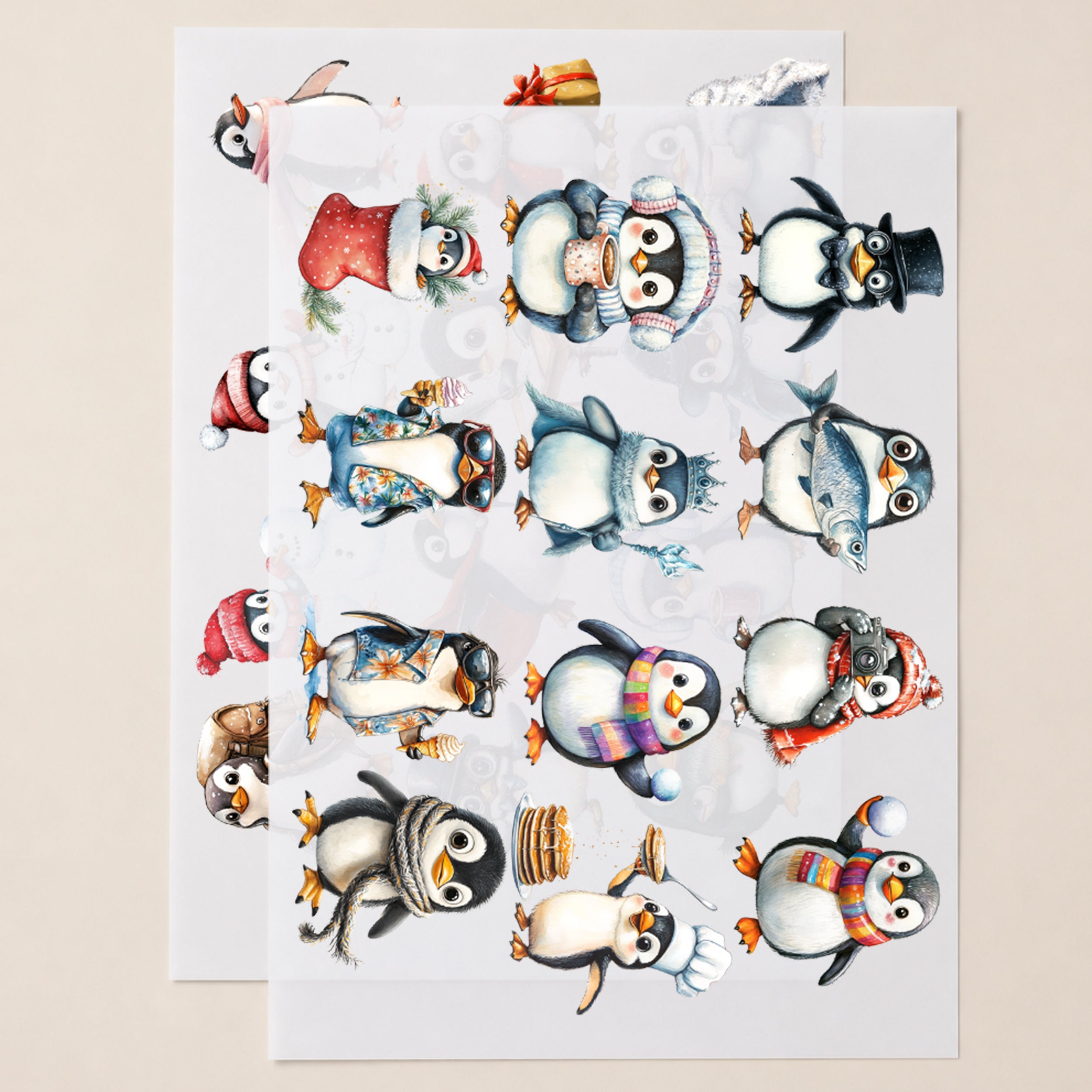Zwei DIN-A4-Bögen mit winterlichen Pinguin-Bügelbildern in vielen unterschiedlichen Rollen und Outfits