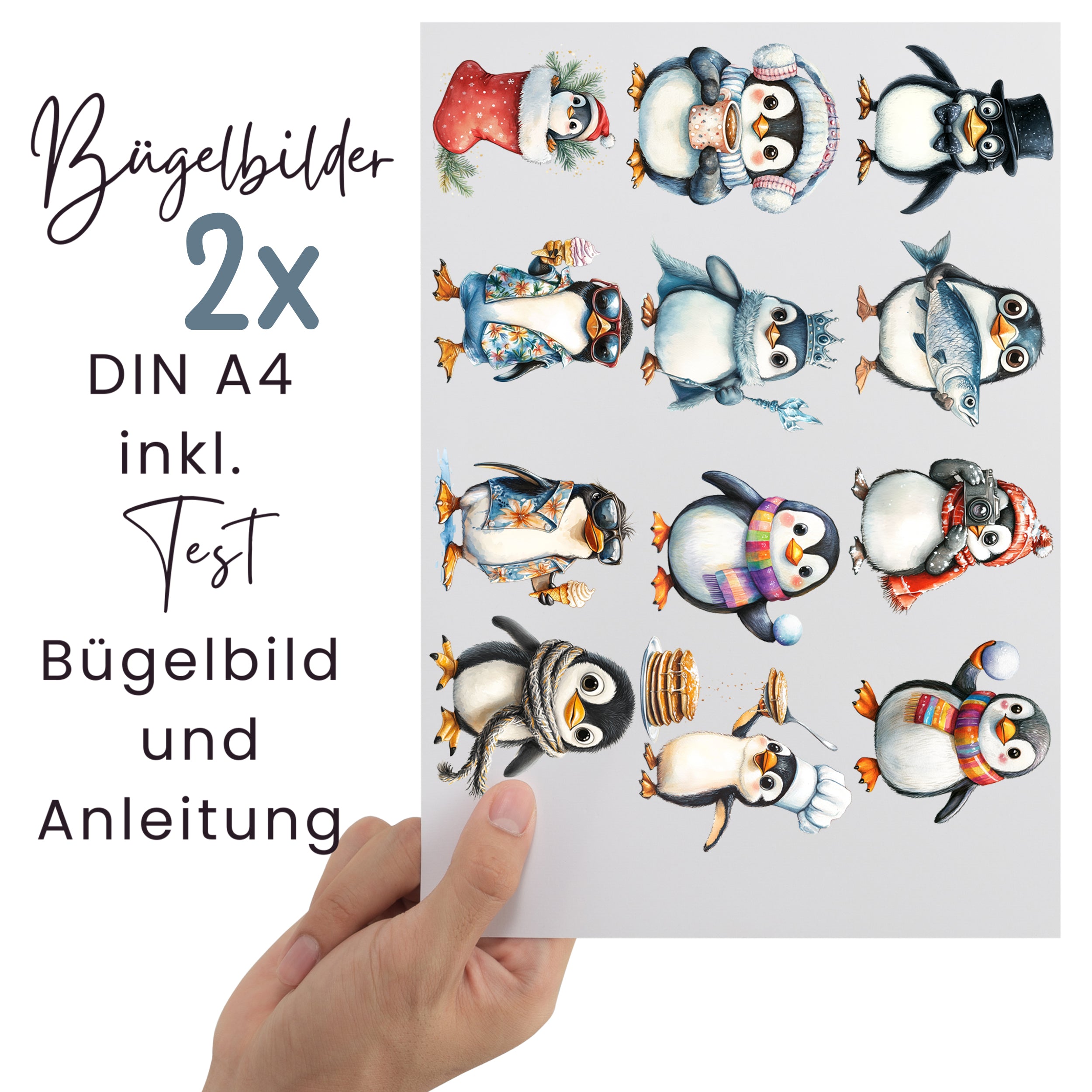 Bügelbilder mit winterlichen Pinguinen auf zwei DIN-A4-Bögen inklusive Testmotiv und Bügelanleitung