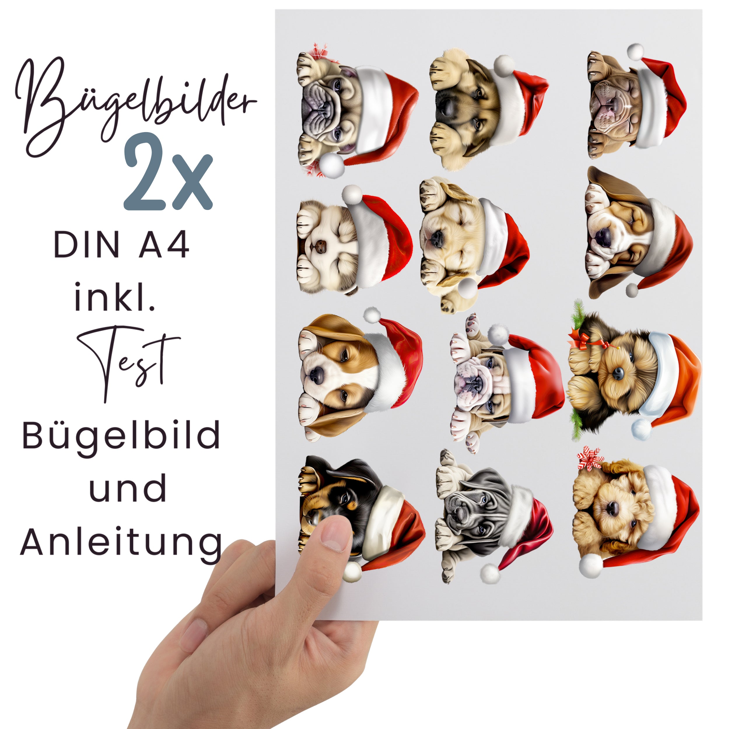 Bügelbilder mit weihnachtlichen Hundewelpen auf zwei DIN-A4-Bögen inklusive Testmotiv und Bügelanleitung