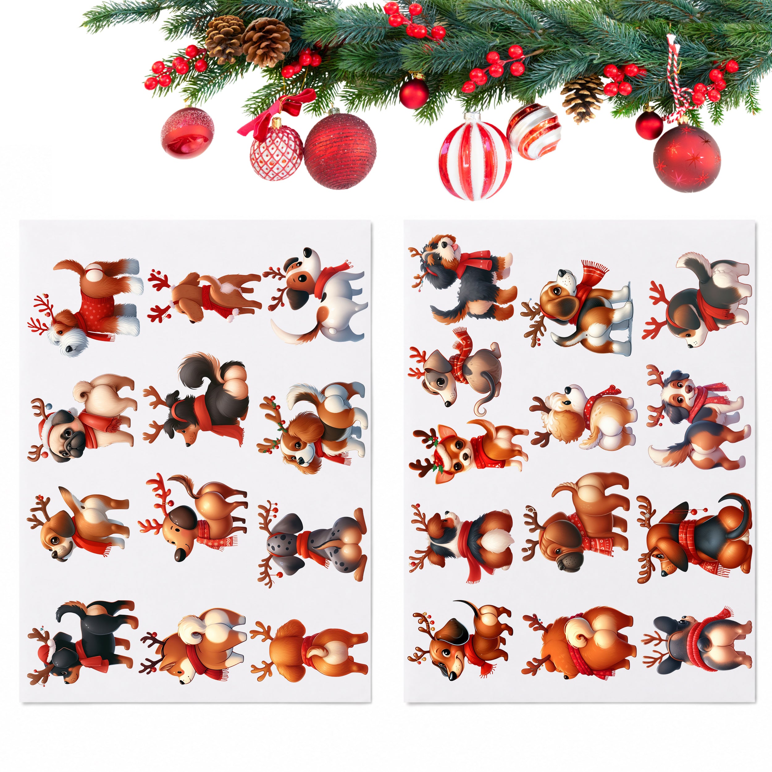 Zwei Bügelbildbögen mit fröhlichen Weihnachtshunden unter geschmückten Tannenzweigen