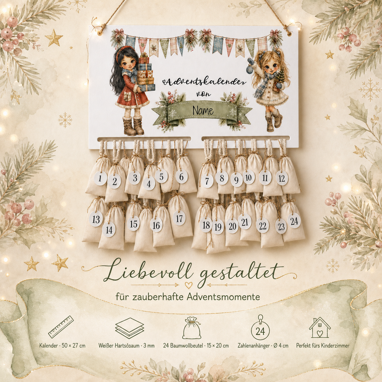 Personalisierter Adventskalender mit Übersicht zu Größe, Material, Beuteln und Zahlenanhängern