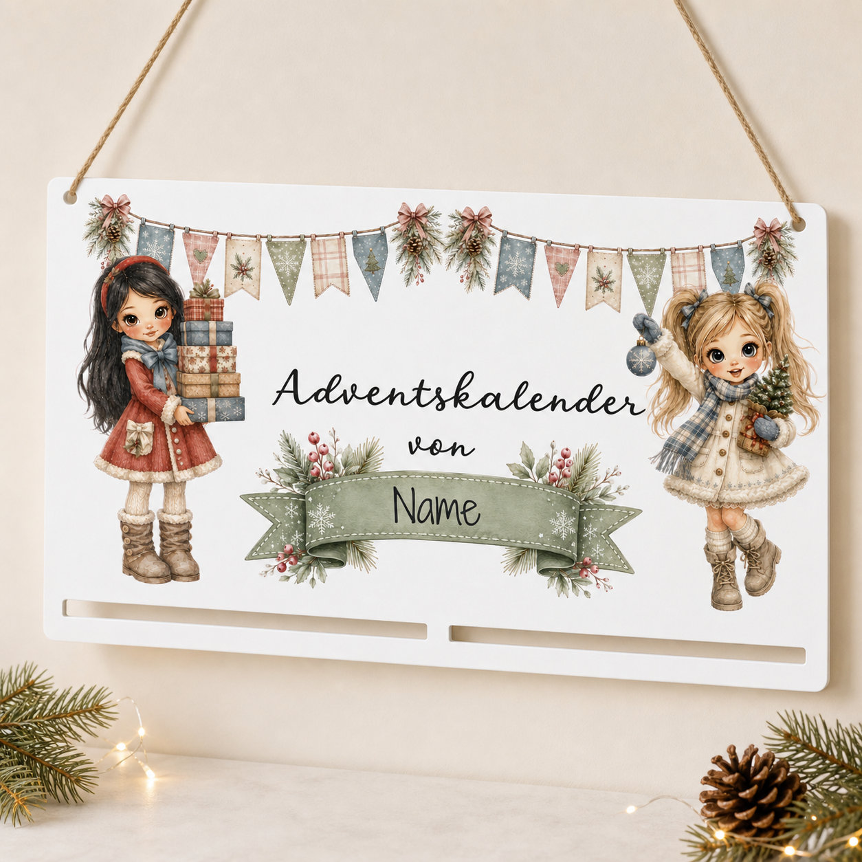Personalisierte Adventskalender-Motivplatte mit Weihnachtsmädchen und Wunschname