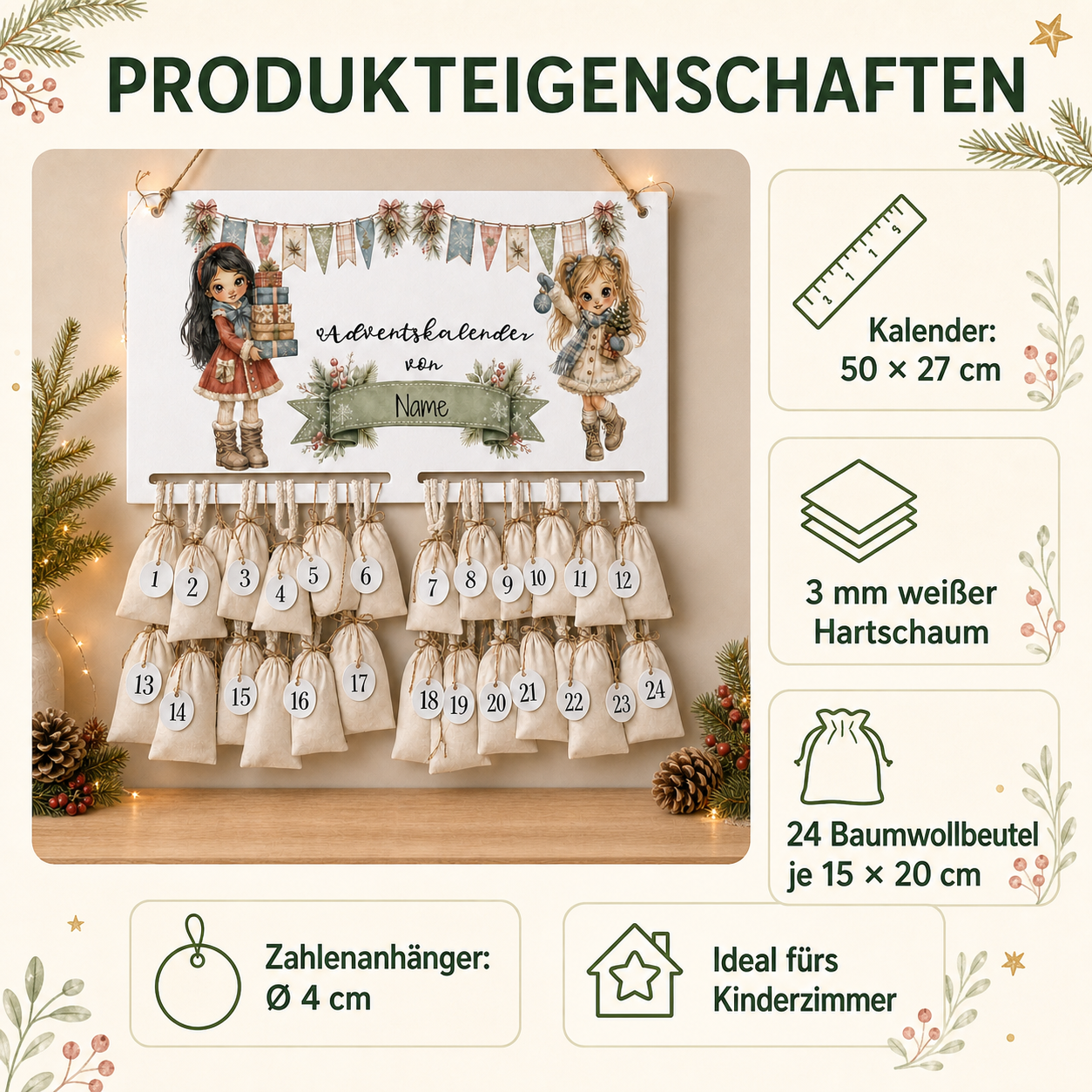 Produkteigenschaften des personalisierten Adventskalenders mit 50 mal 27 Zentimeter großer Motivplatte