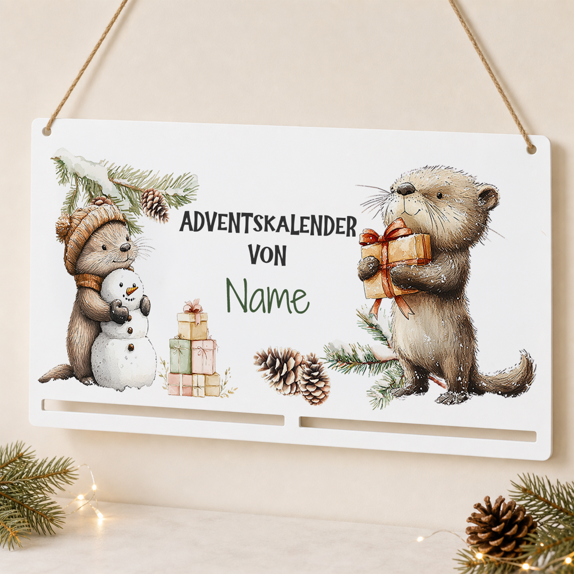 Personalisierte Adventskalender-Motivplatte mit Igel, Otter und Wunschname