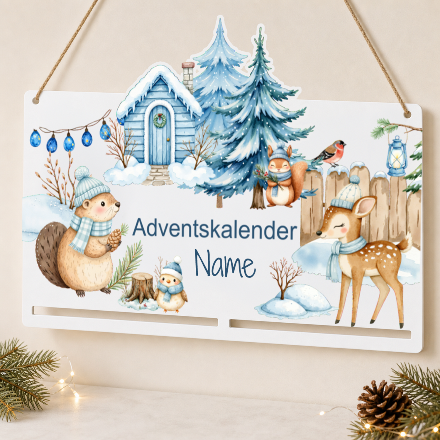 Personalisierte Adventskalender-Motivplatte mit Eichhörnchen, Reh und Wunschname