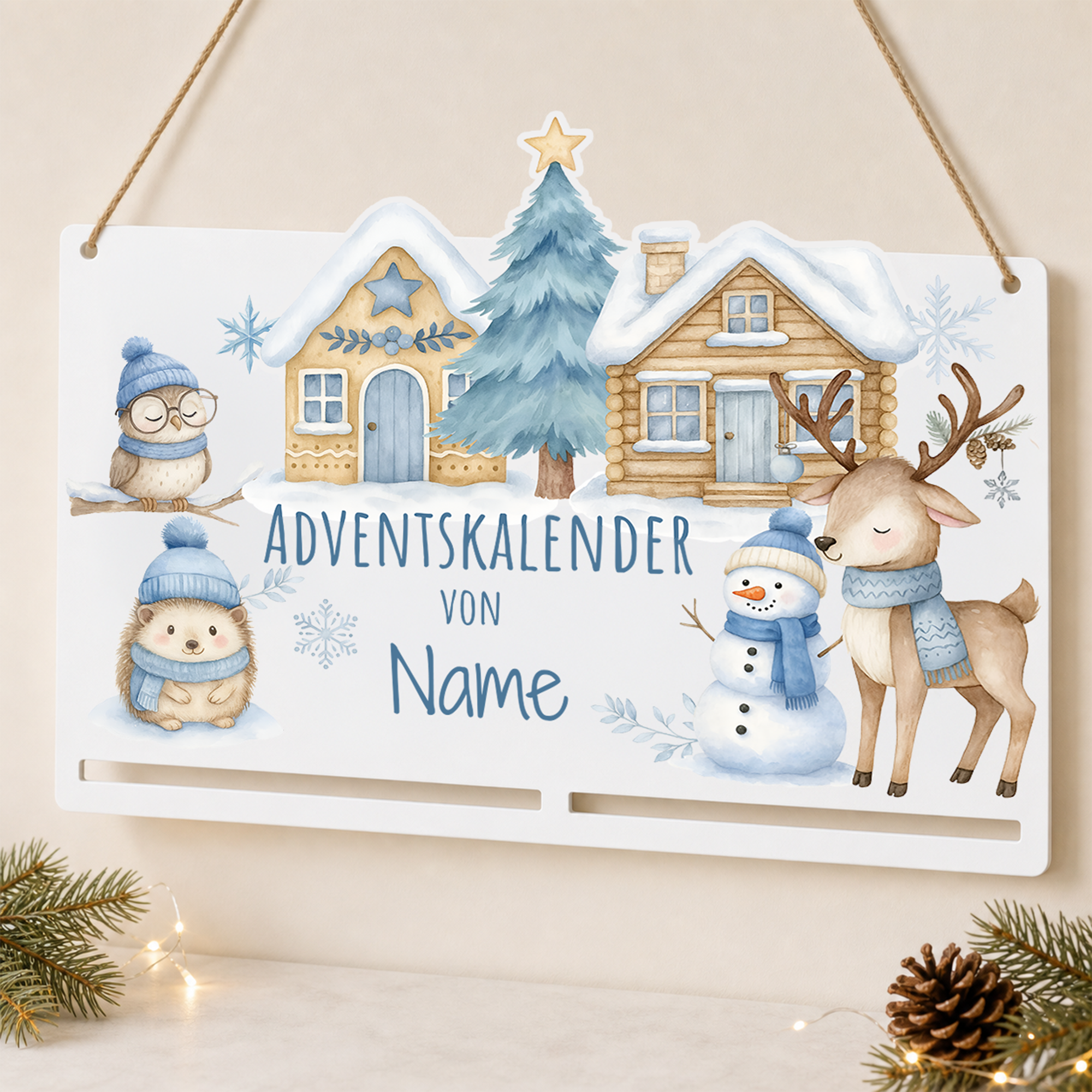 Personalisierte Adventskalender-Motivplatte mit Eule, Igel, Rentier und Wunschname